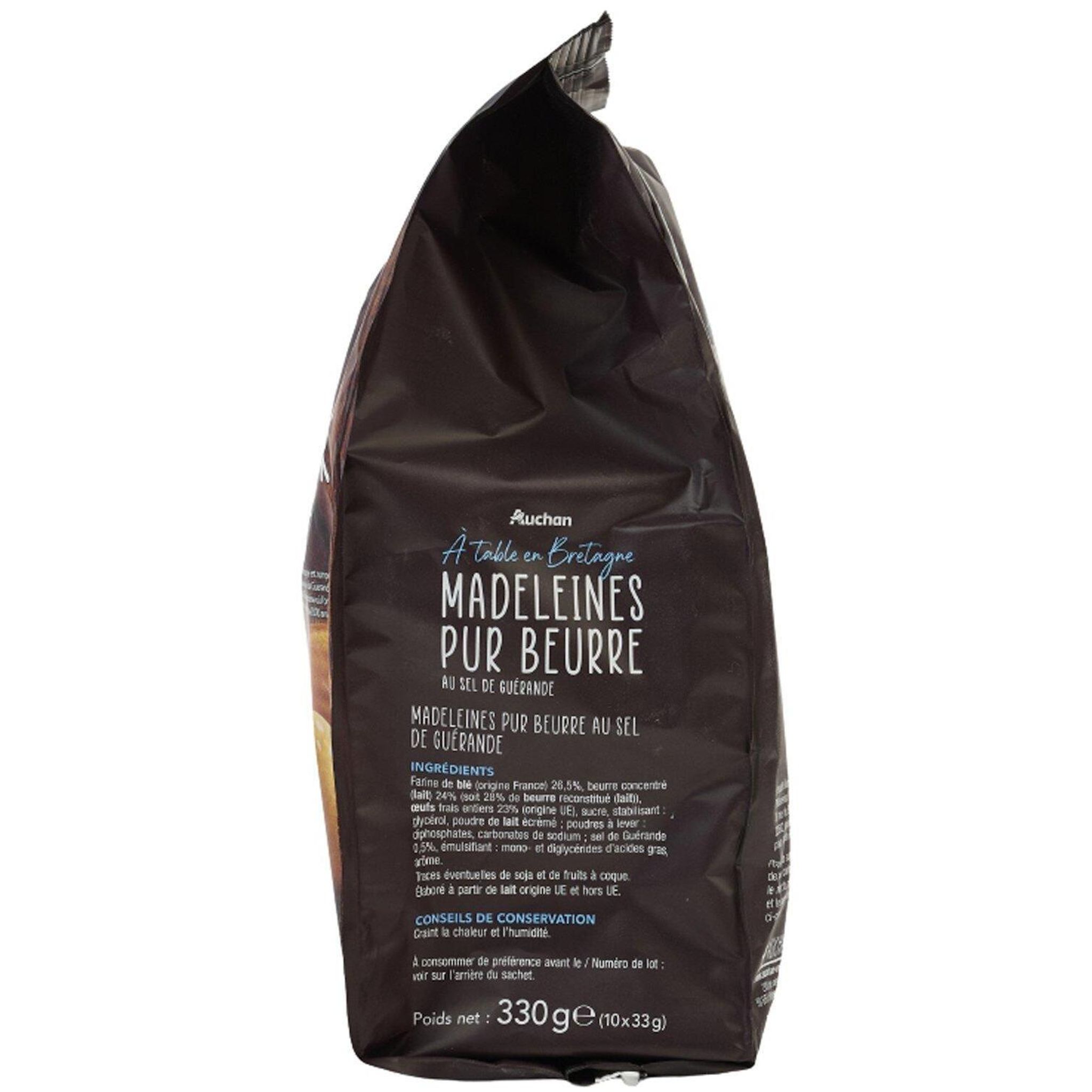 Voir la diapositive 2 : AUCHAN TERROIR Madeleines pur beurre au sel de Guérande sachets individuels 10 madeleines 330g