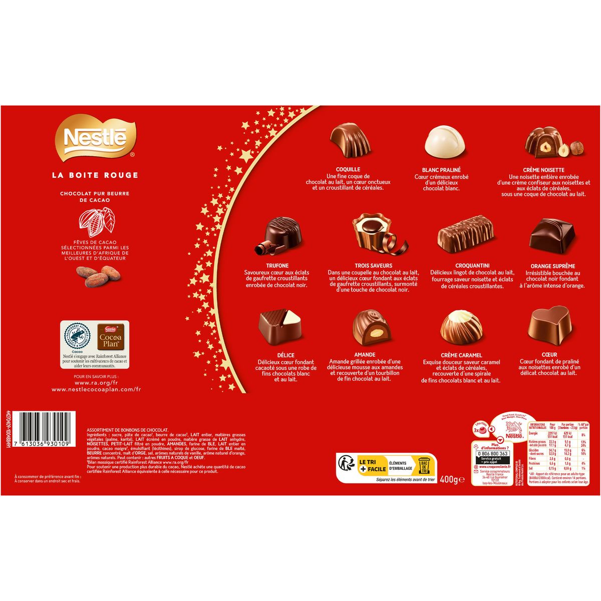 NESTLE La Boîte Rouge assortiment de chocolats au lait et noirs 22 pièces 400g