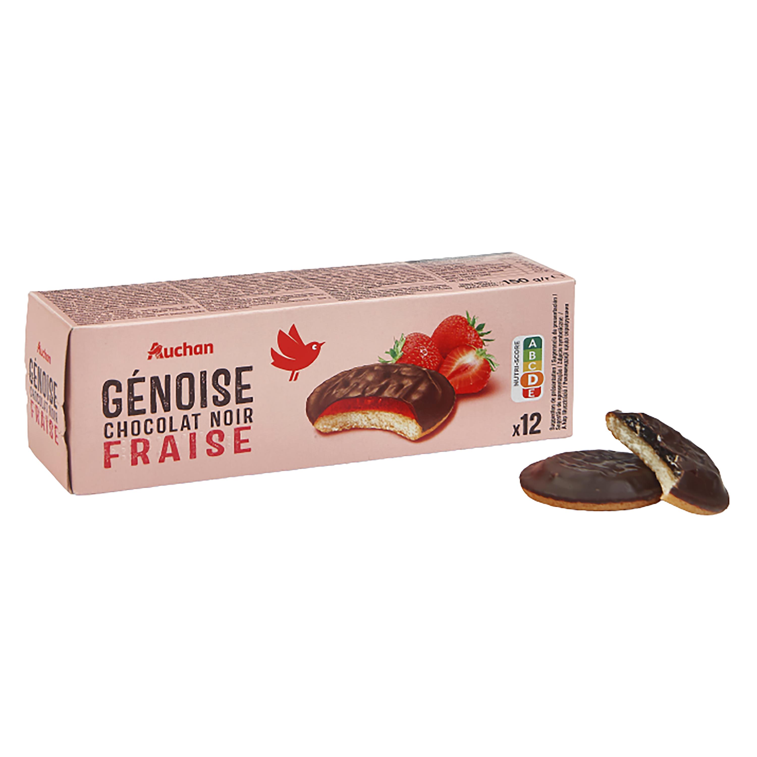 Voir la diapositive 2 : AUCHAN Génoises nappées de chocolat noir saveur fraise 12 biscuits 150g