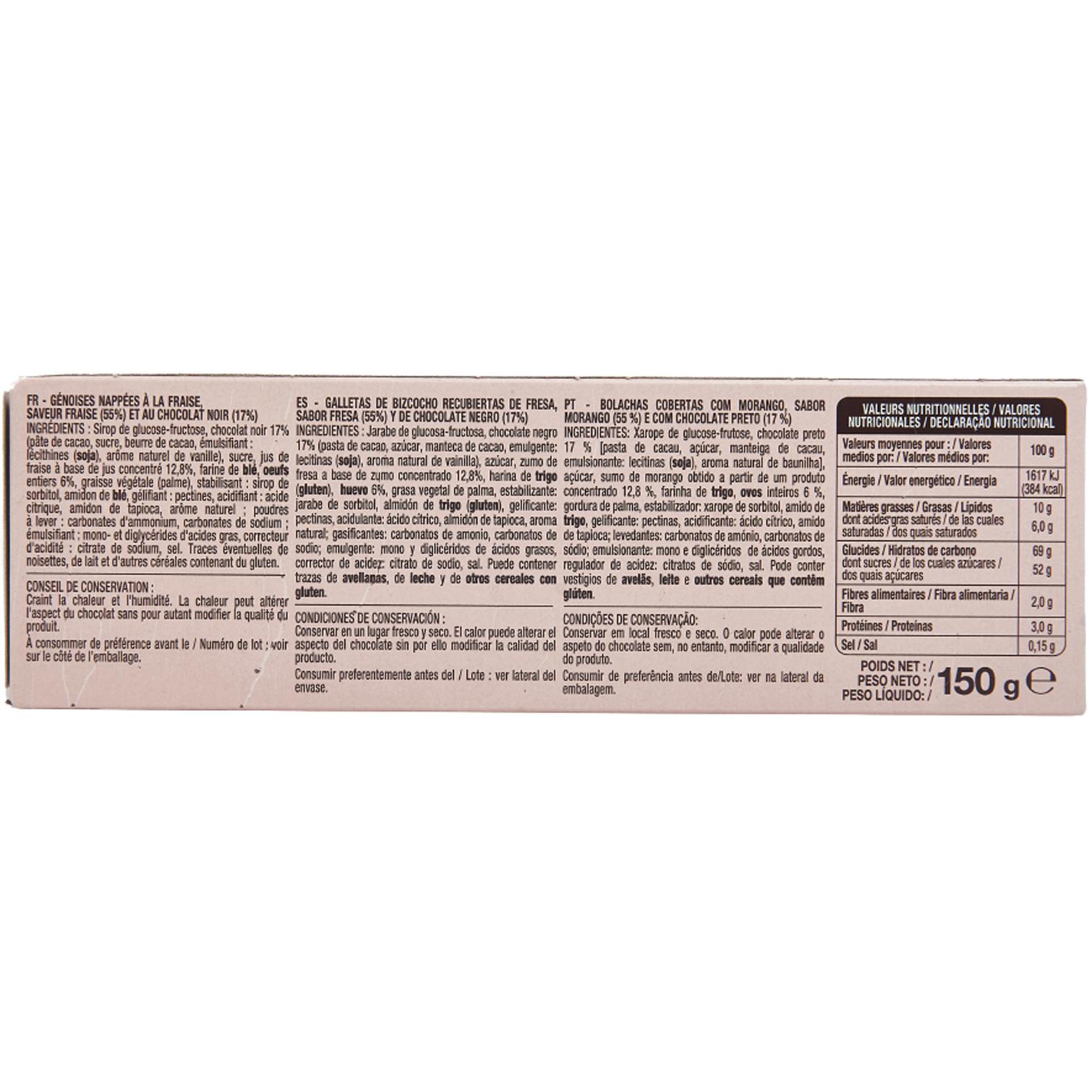 Voir la diapositive 3 : AUCHAN Génoises nappées de chocolat noir saveur fraise 12 biscuits 150g