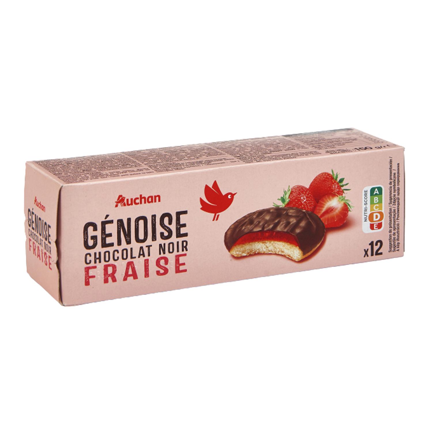 Voir la diapositive 6 : AUCHAN Génoises nappées de chocolat noir saveur fraise 12 biscuits 150g