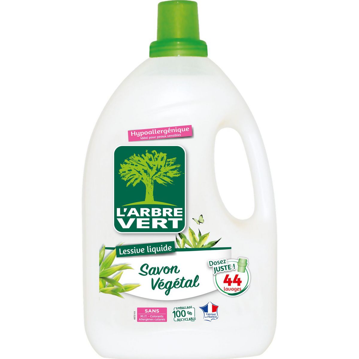 L'ARBRE VERT Lessive hypoallergénique au savon végétal 44 lavages 2l