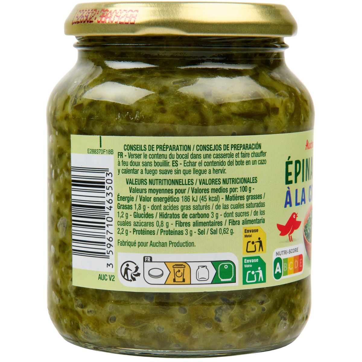 AUCHAN Epinard à la crème bocal 315g
