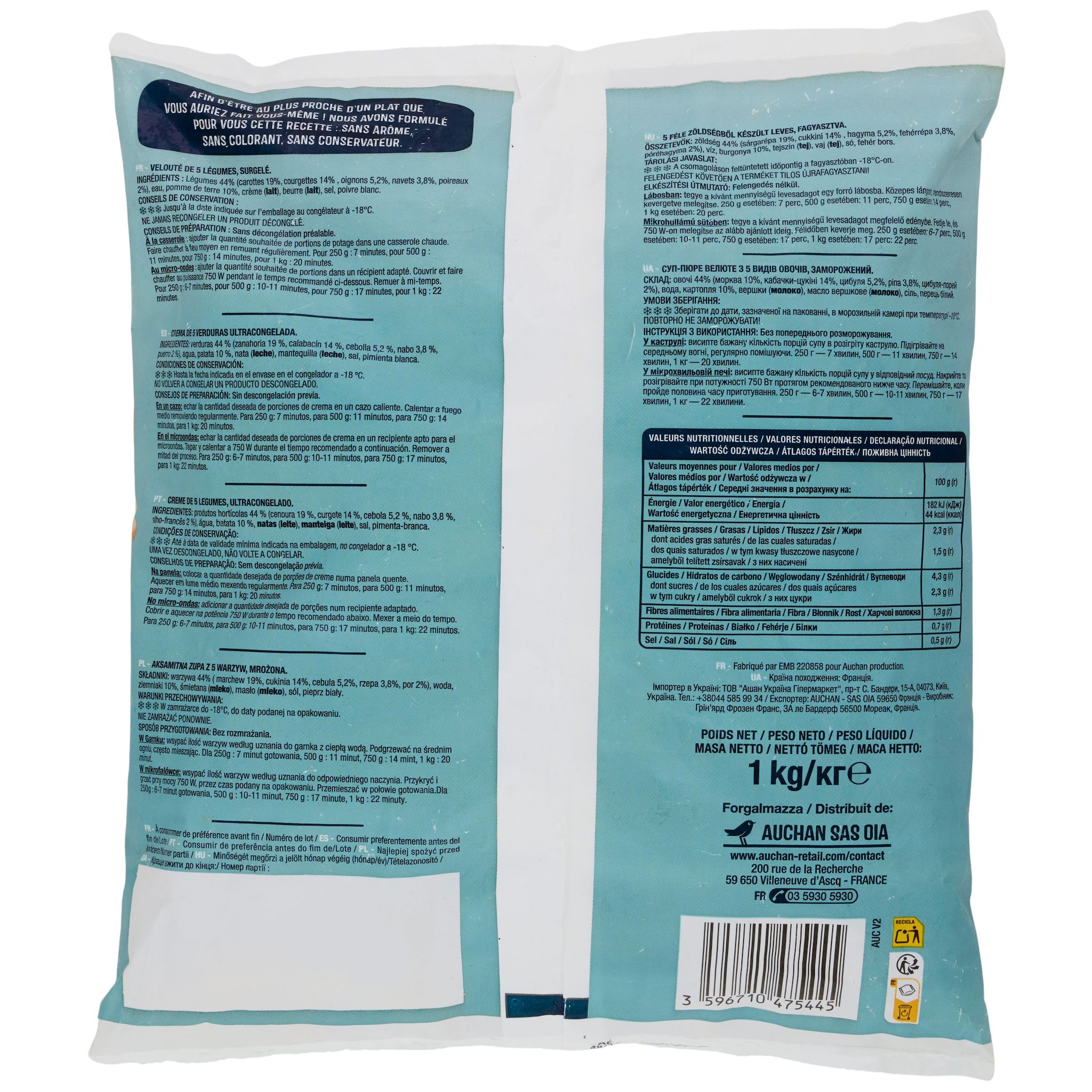 Voir la diapositive 2 : AUCHAN Soupe aux 5 légumes 4 portions 1kg