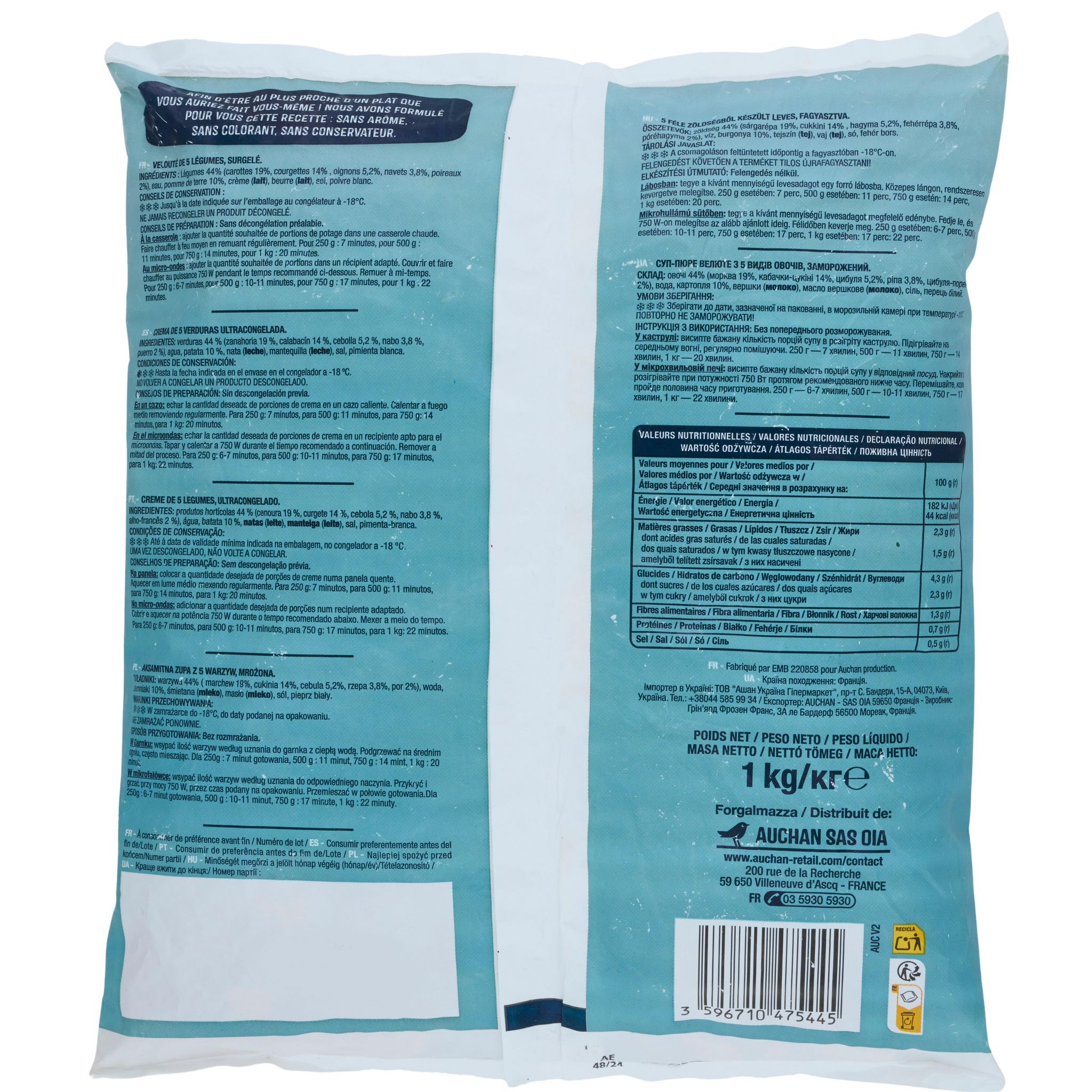 Voir la diapositive 3 : AUCHAN Soupe aux 5 légumes 4 portions 1kg