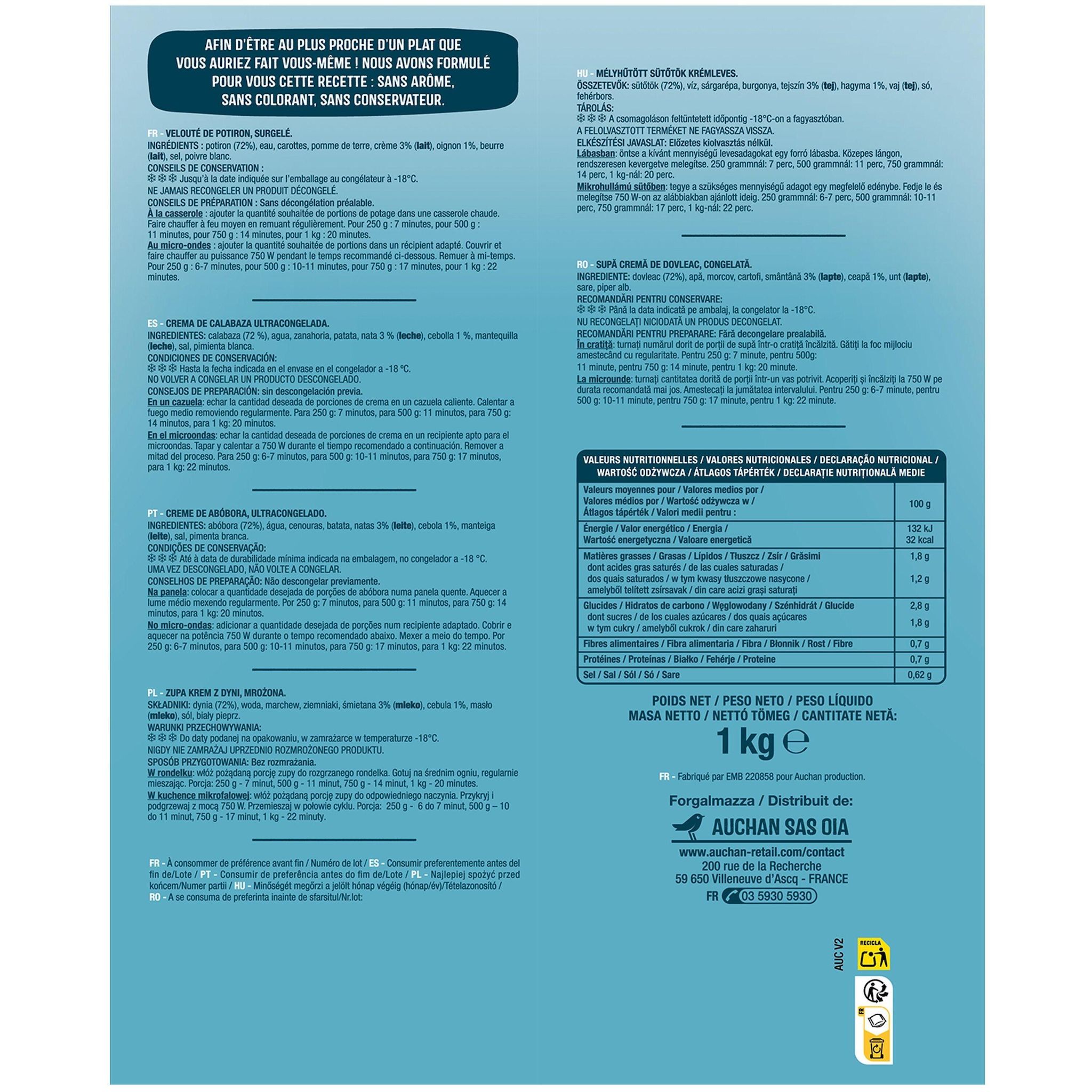 Voir la diapositive 3 : AUCHAN Velouté de potiron 4 portions 1kg