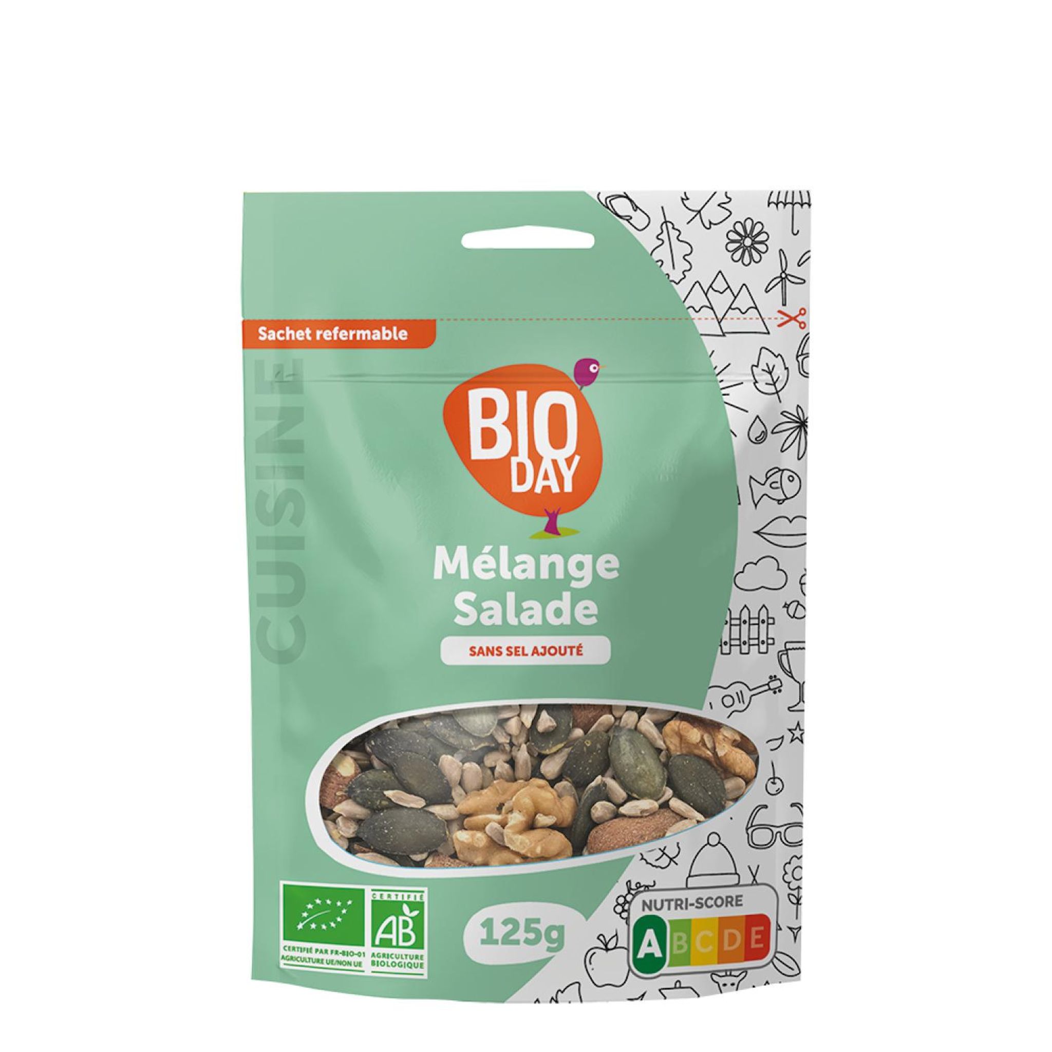 Voir la diapositive 2 : BIODAY Mélange salade bio sans sel ajouté 125g