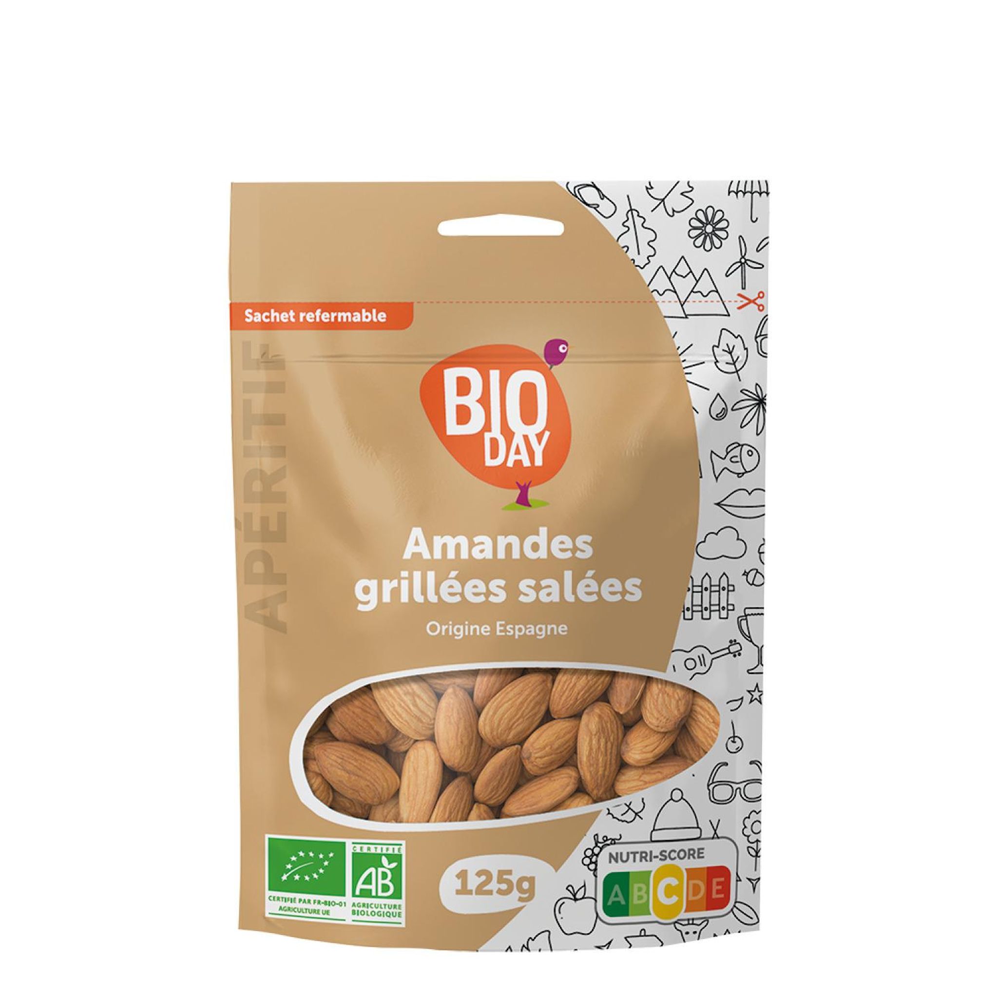 Voir la diapositive 2 : BIODAY Amandes grillées salées bio origine Espagne 125g