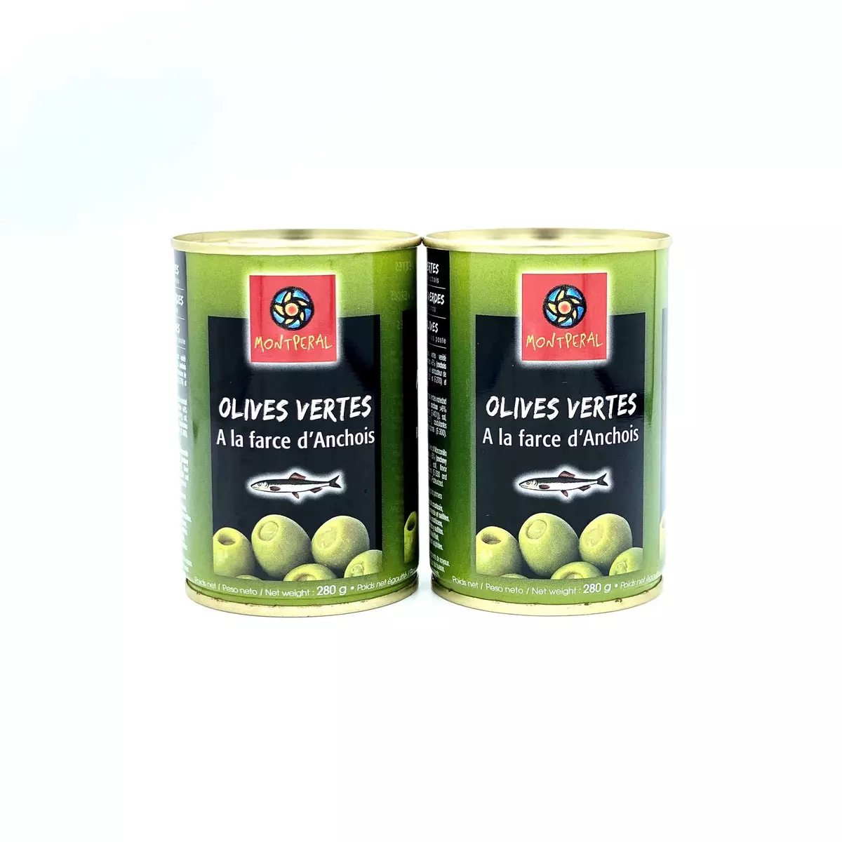 MONTPERAL Olives vertes à la farce d'anchois en boîte lot de 2 2x120g