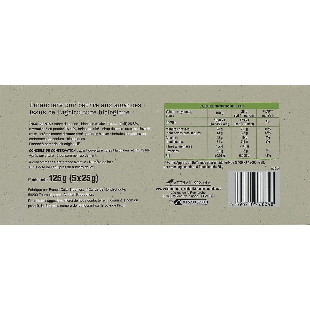 AUCHAN BIO Financiers pur beurre sachets individuels 5 gâteaux 125g