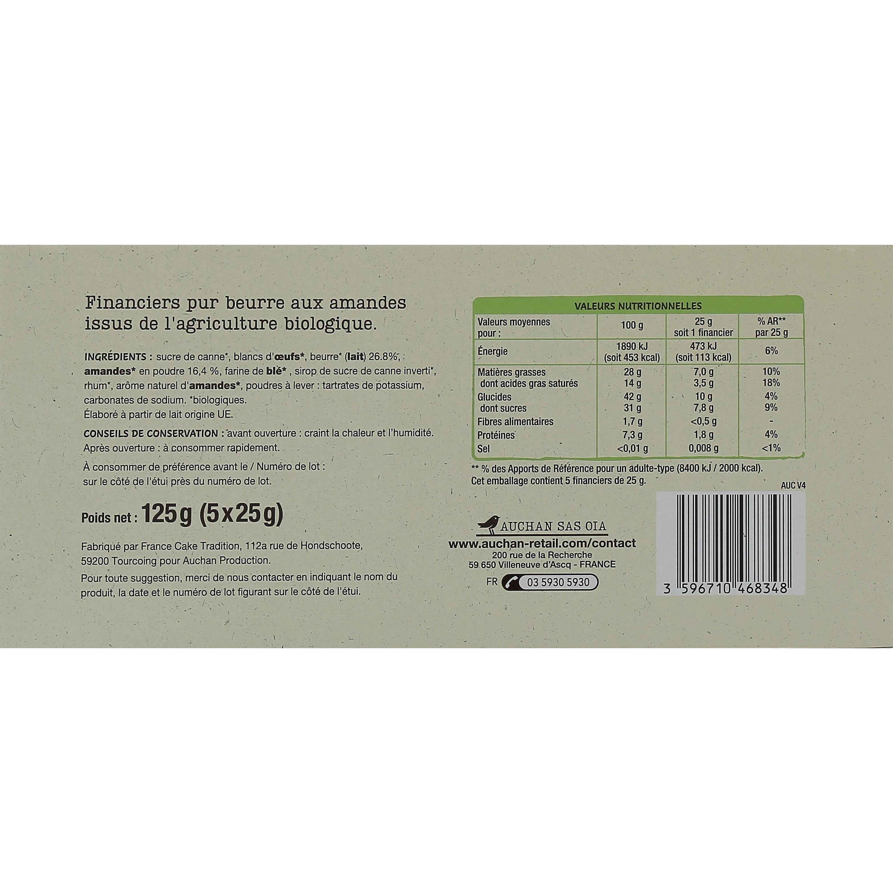 Voir la diapositive 3 : AUCHAN BIO Financiers pur beurre sachets individuels 5 gâteaux 125g