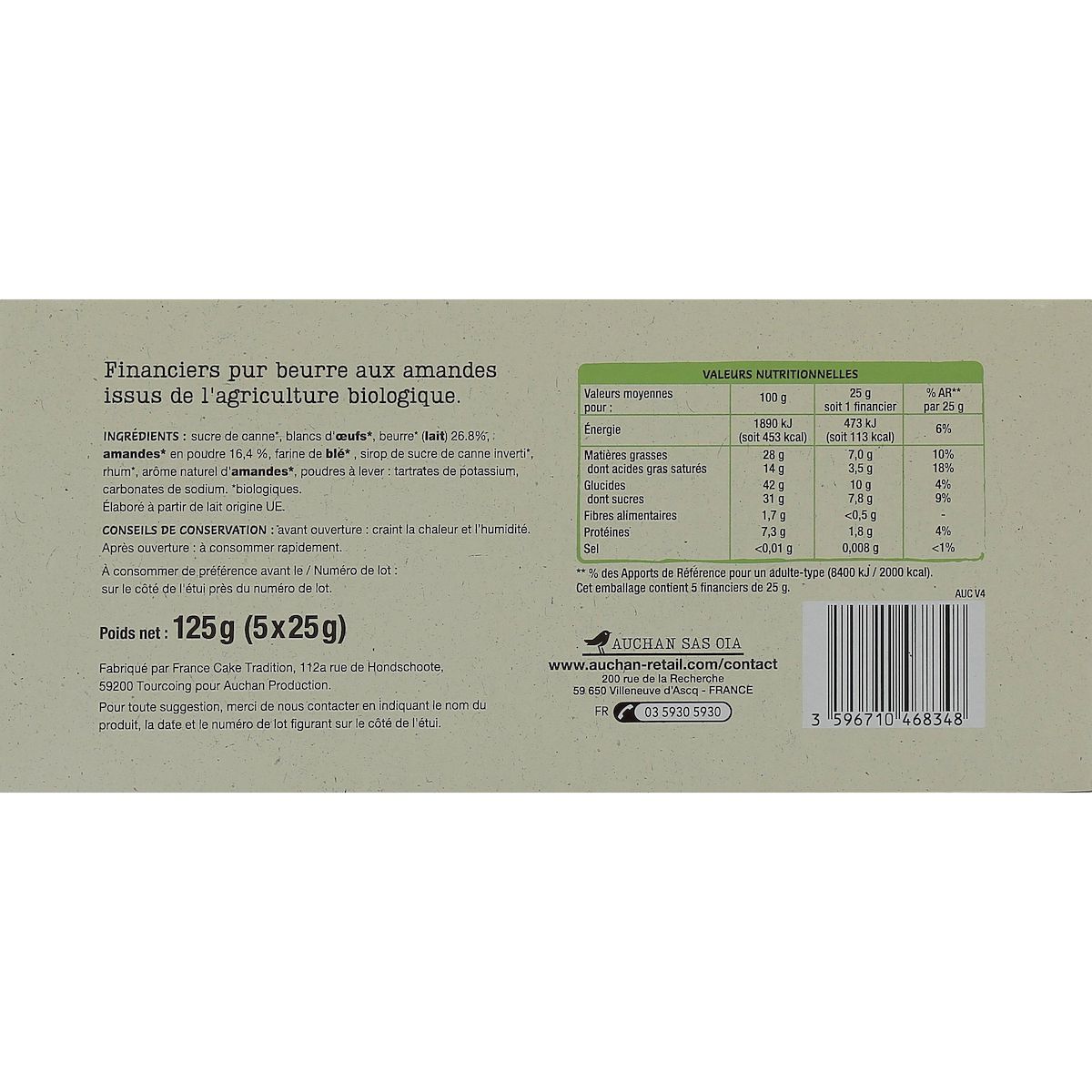 AUCHAN BIO Financiers pur beurre sachets individuels 5 gâteaux 125g