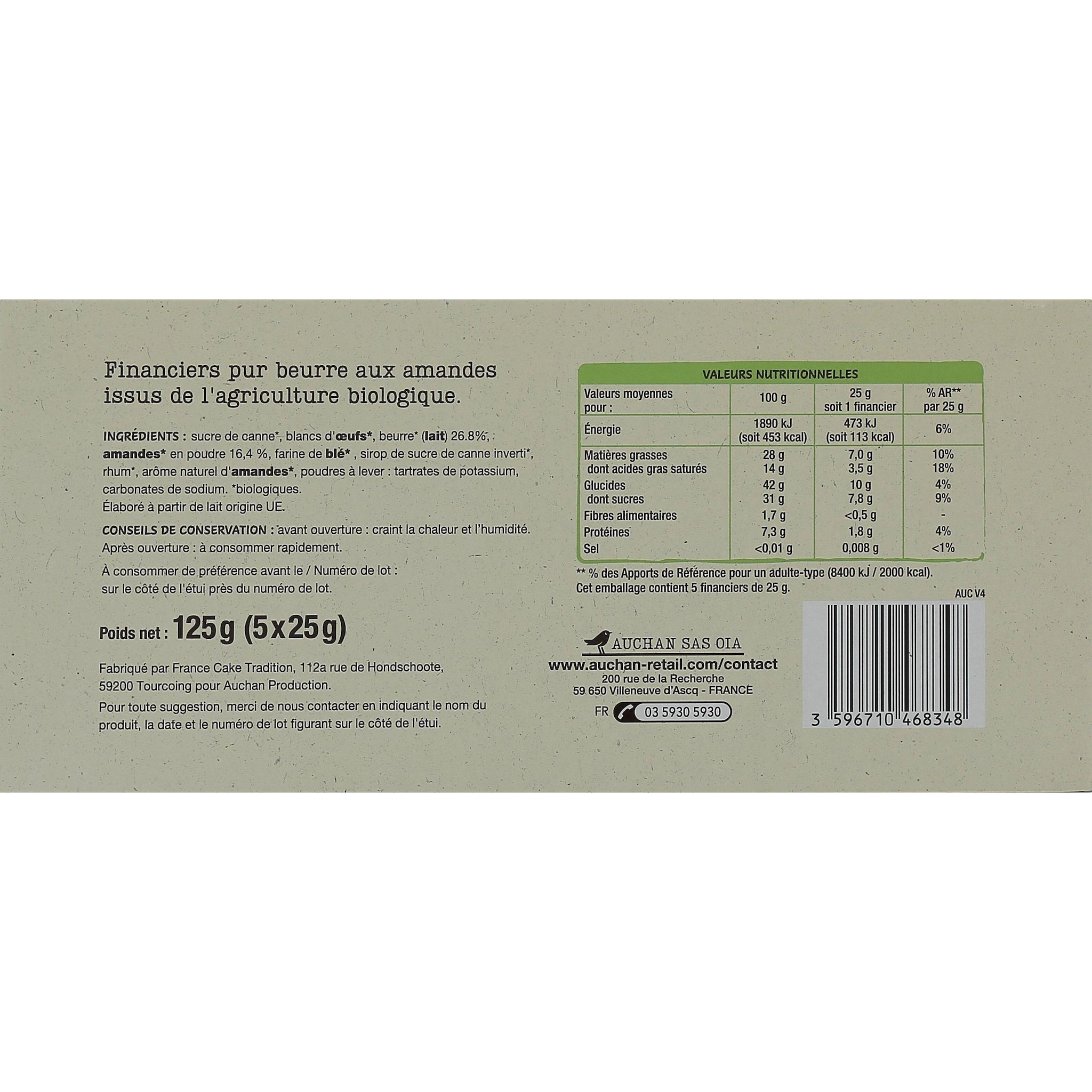 Voir la diapositive 3 : AUCHAN BIO Financiers pur beurre sachets individuels 5 gâteaux 125g