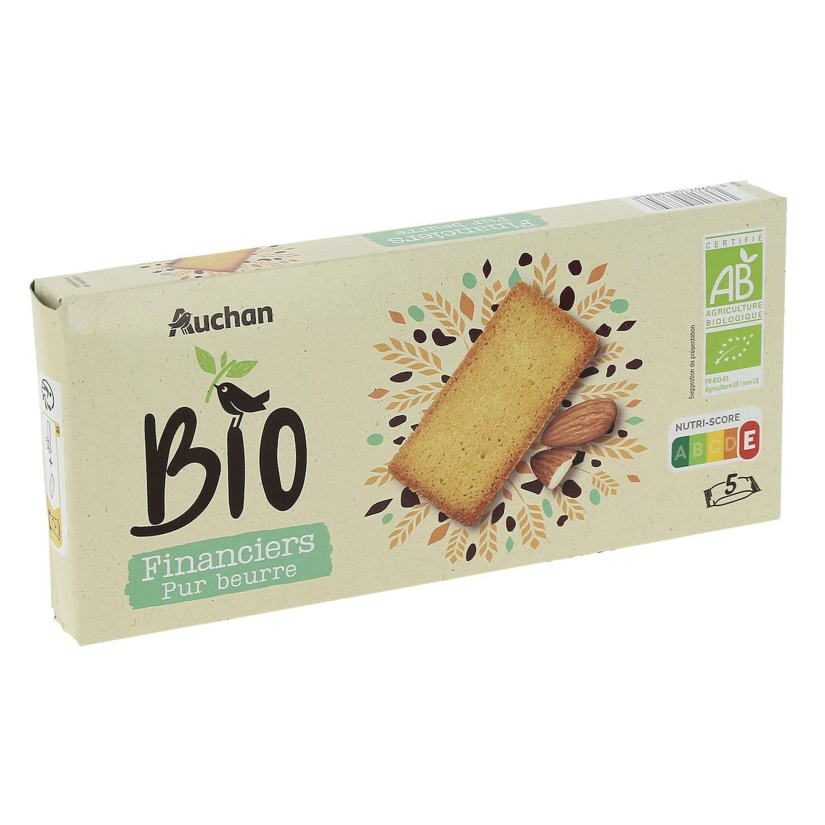 AUCHAN BIO Financiers pur beurre sachets individuels 5 gâteaux 125g