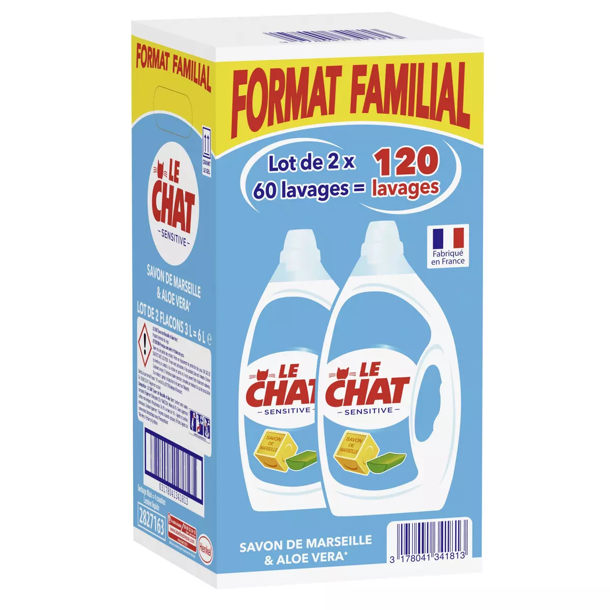 LE CHAT Lessive liquide lait d'amande et savon de Marseille 120 lavages 2x3l