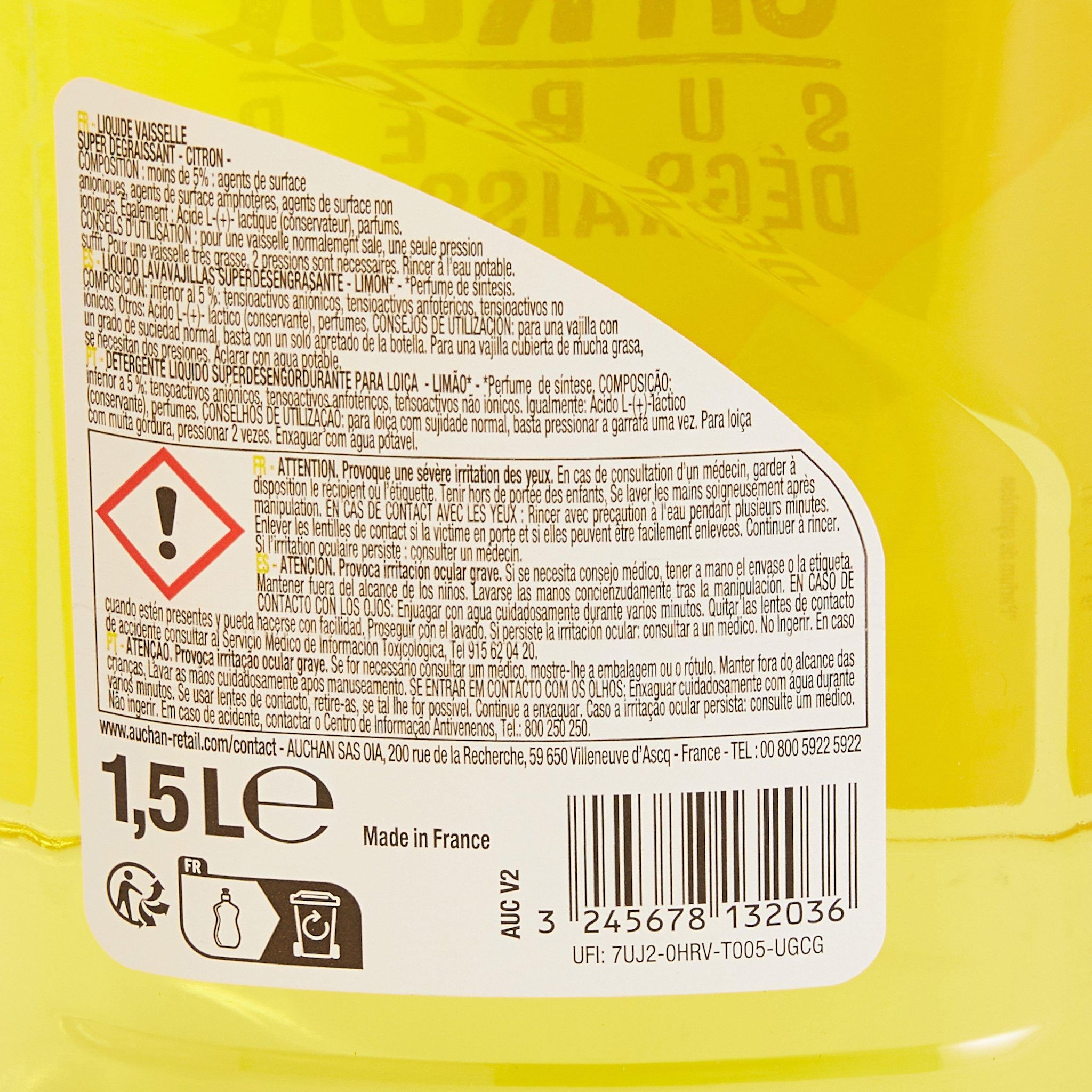 Voir la diapositive 2 : AUCHAN Liquide vaisselle super dégraissant citron 1,5l