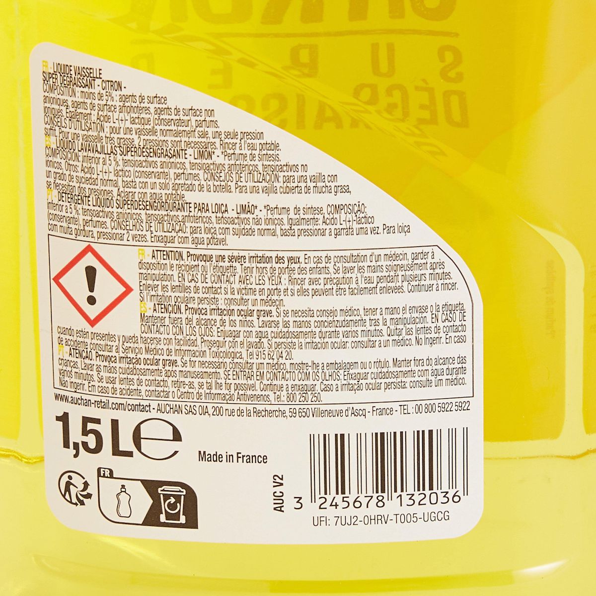 AUCHAN Liquide vaisselle super dégraissant citron 1,5l