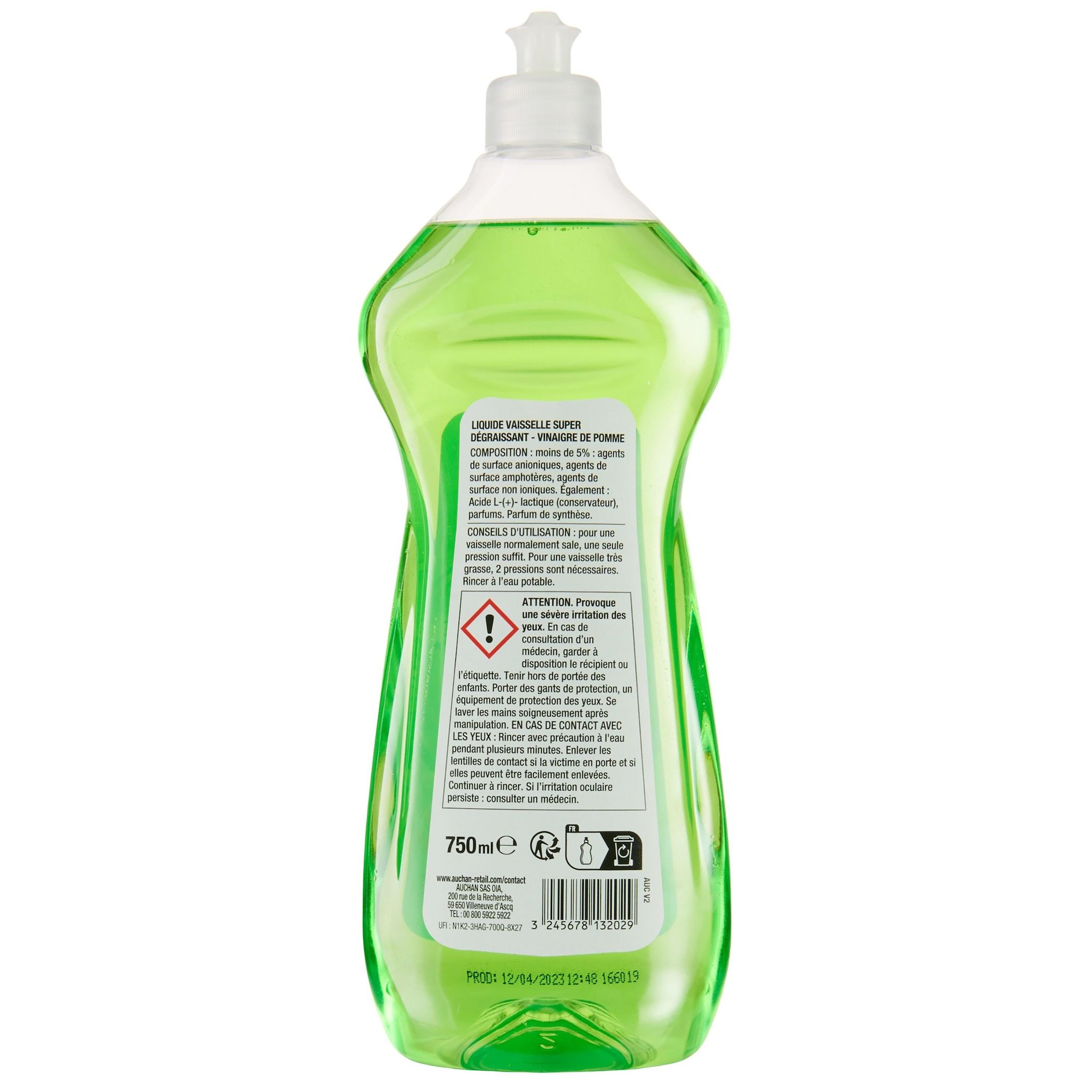 Voir la diapositive 2 : AUCHAN Liquide vaisselle super dégraissant vinaigre de pomme 750ml