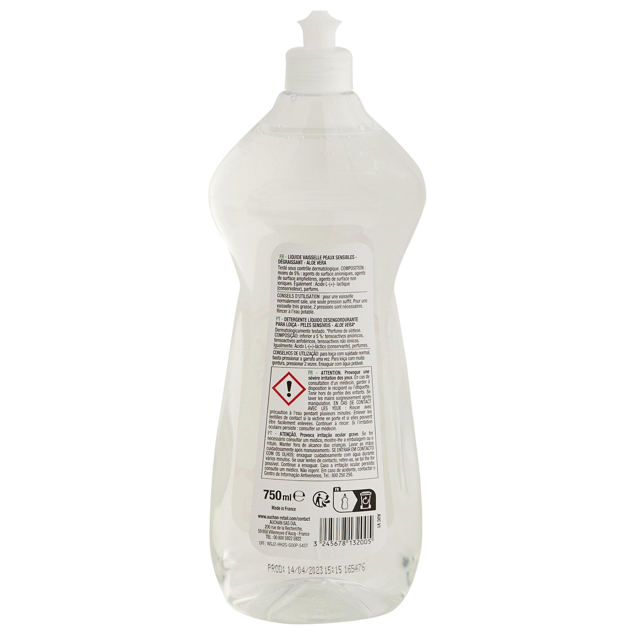 Voir la diapositive 2 : AUCHAN Liquide vaisselle peaux sensibles 750ml