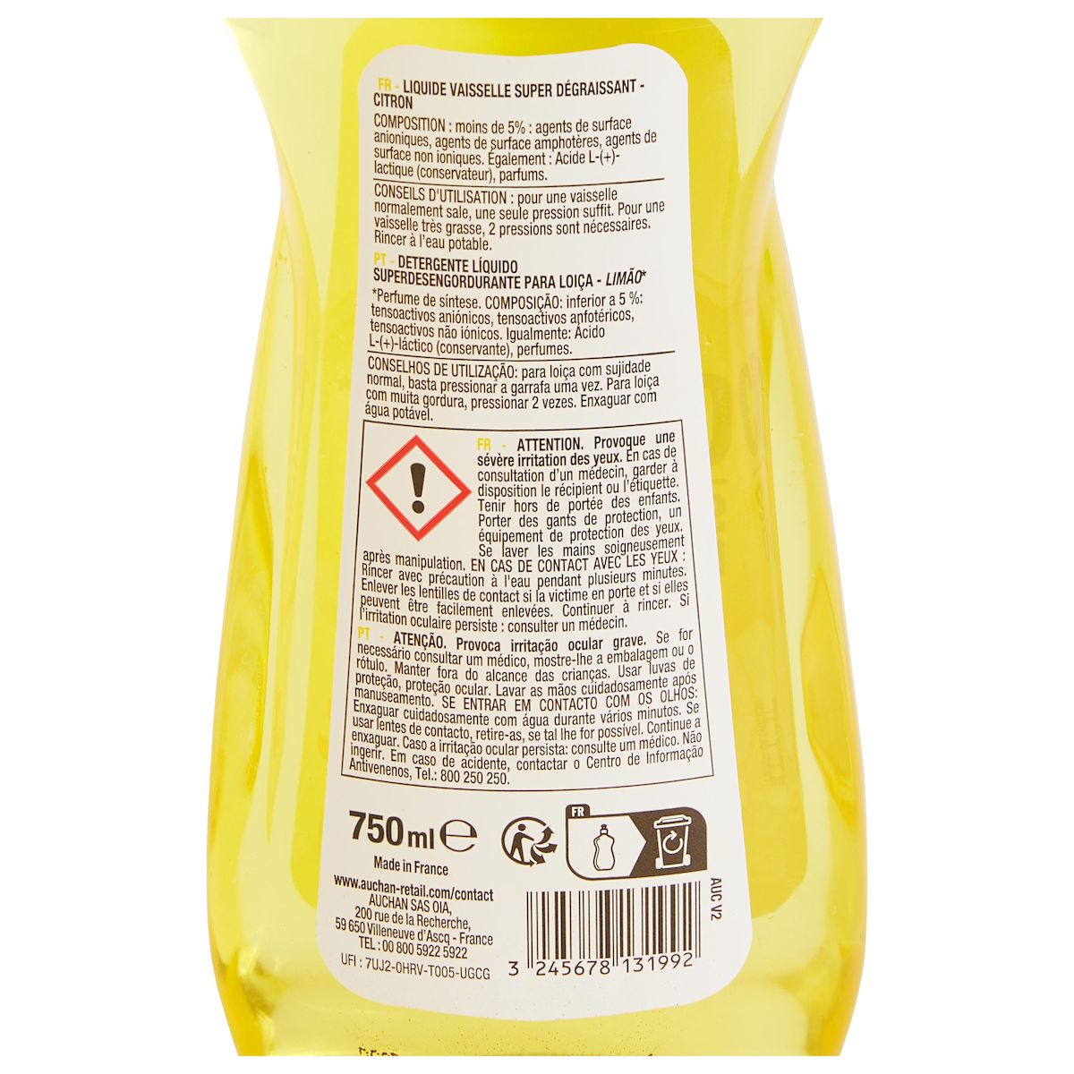 AUCHAN Liquide vaisselle super dégraissant citron 750ml