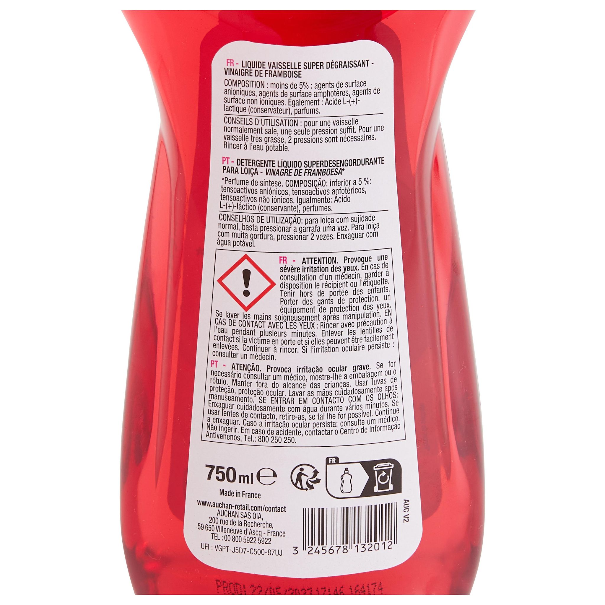 Voir la diapositive 4 : AUCHAN Liquide vaisselle super dégraissant vinaigre de framboise 750ml