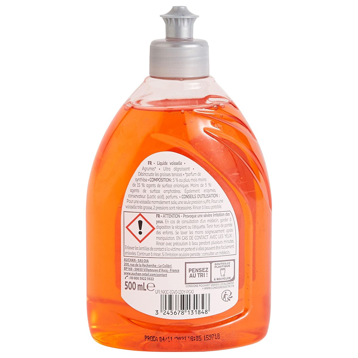 AUCHAN Liquide vaisselle désincrustant agrumes 500ml