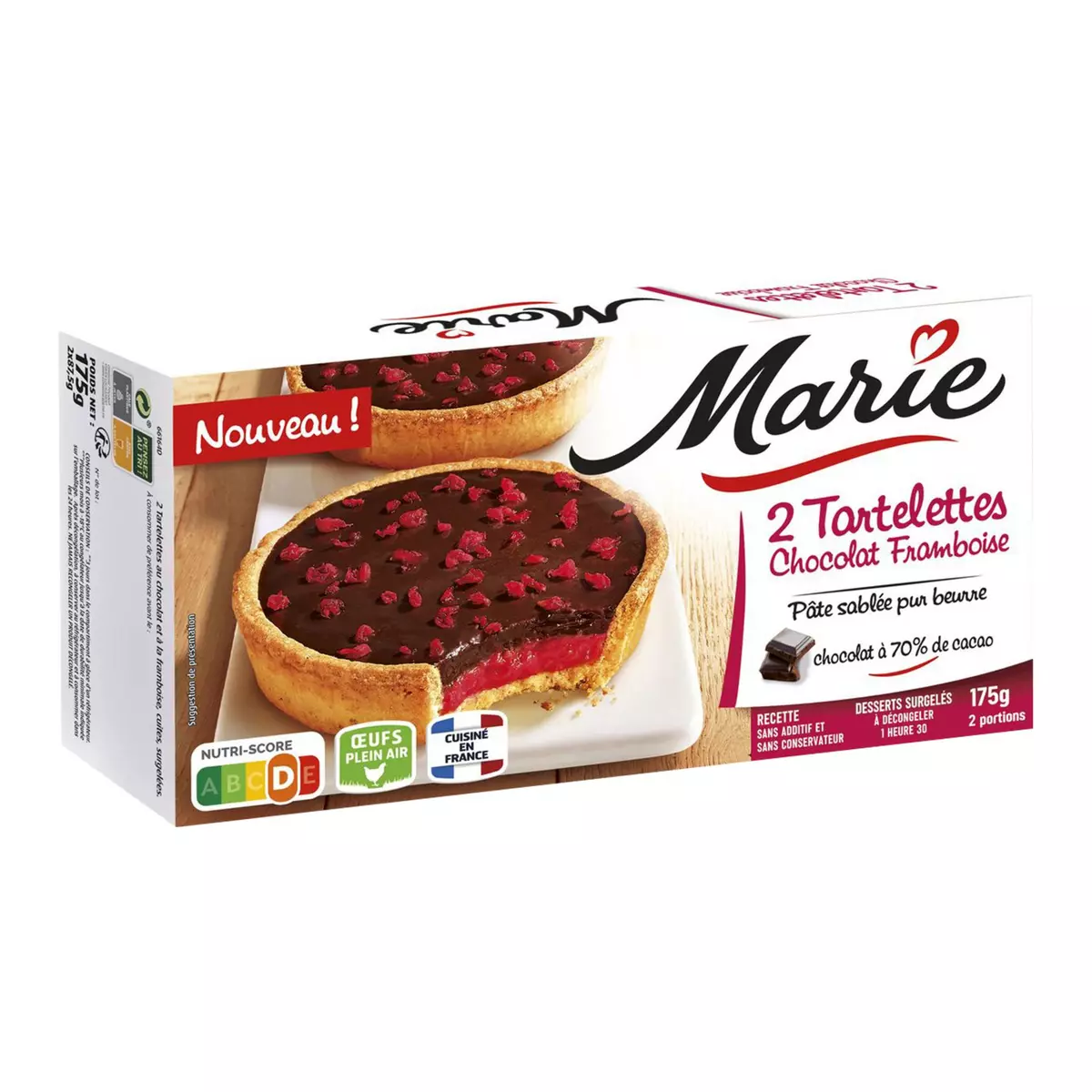 MARIE Tartelette chocolat framboise pâte sablée pur beurre 2 pièces 175g