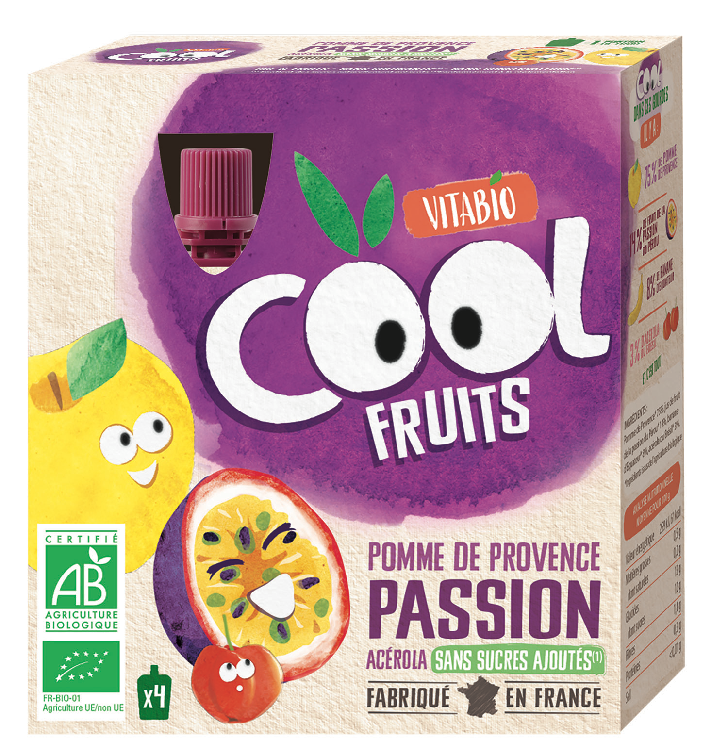Voir la diapositive 2 : VITABIO Cool Fruits Gourdes compotes de pomme passion sans sucres ajoutés bio 4x90g