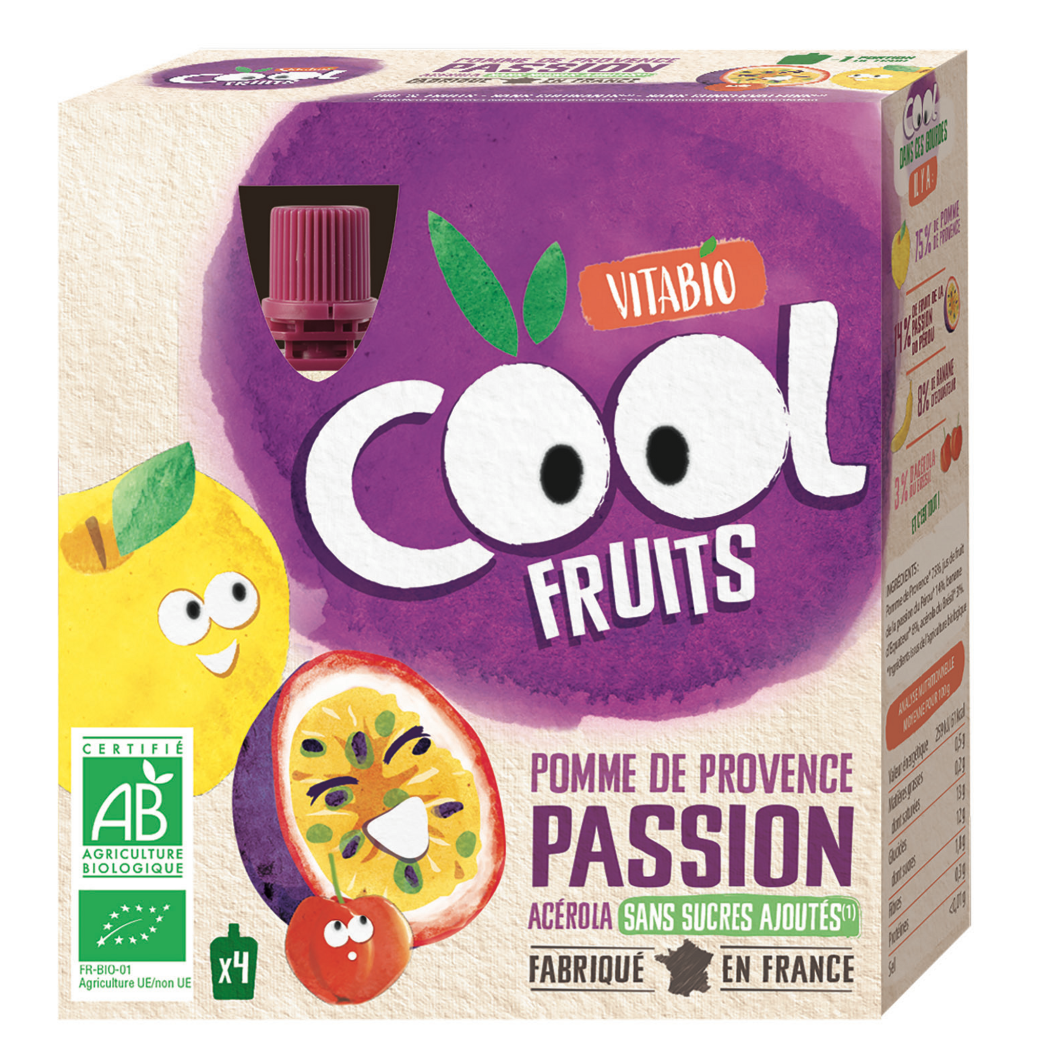 Voir la diapositive 2 : VITABIO Cool Fruits Gourdes compotes de pomme passion sans sucres ajoutés bio 4x90g
