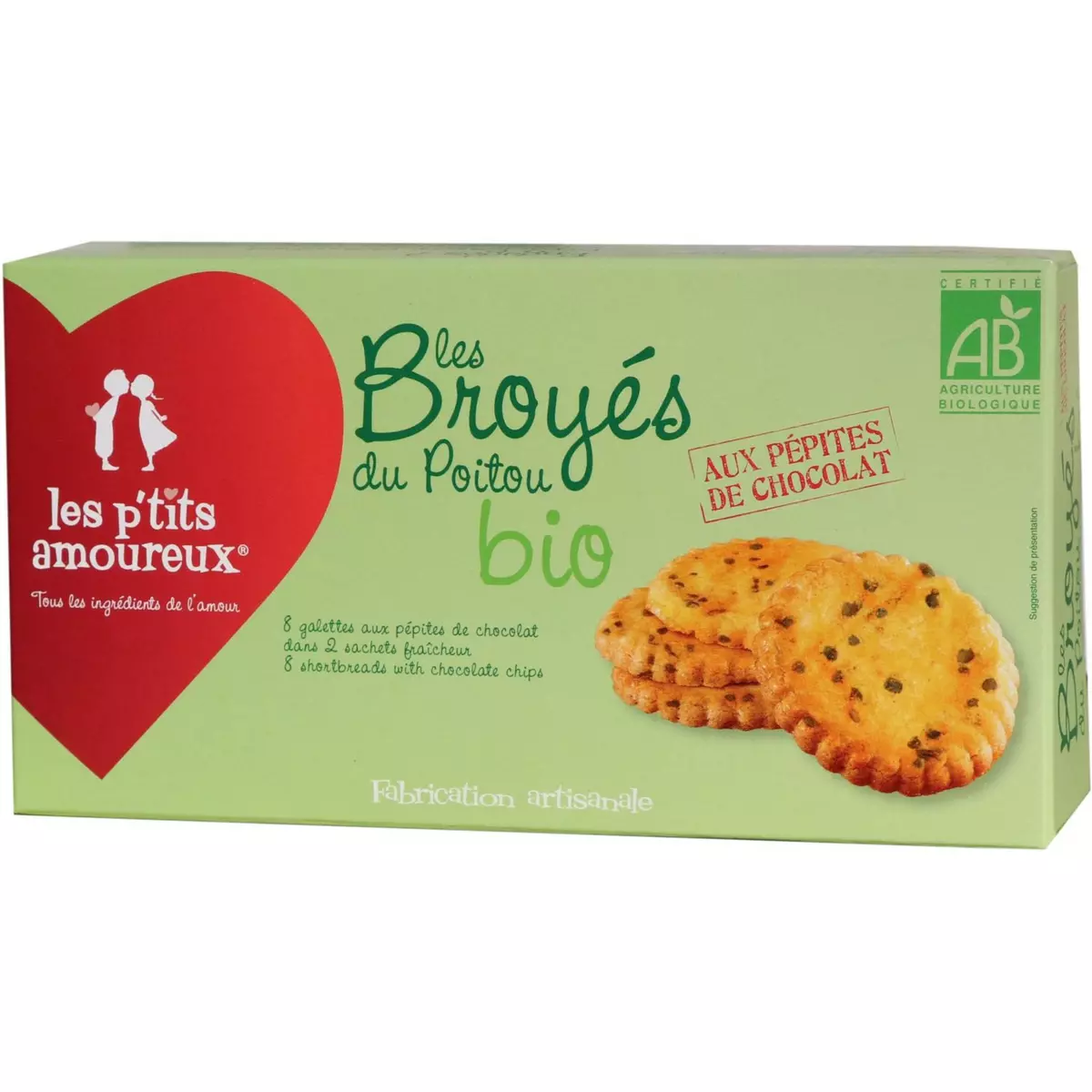 LES P'TITS AMOUREUX Les broyés du Poitou biscuits bio pépites de chocolat, sachets fraîcheur 2x4 biscuits 150g