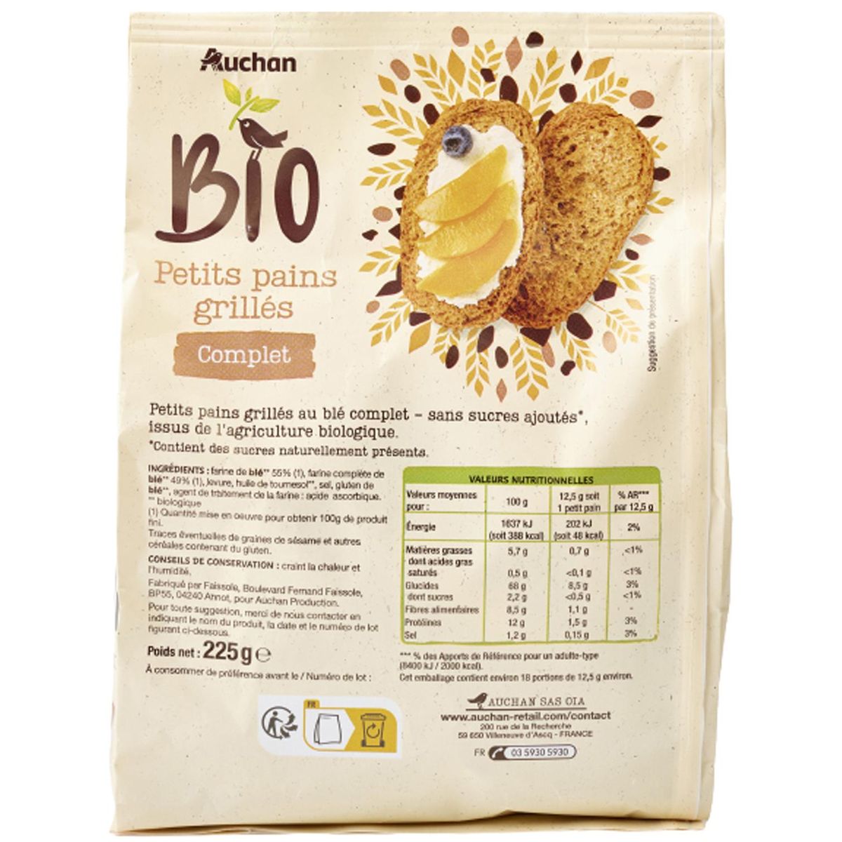 AUCHAN BIO Petits pains grillés complet environ 18 petits pains 225g