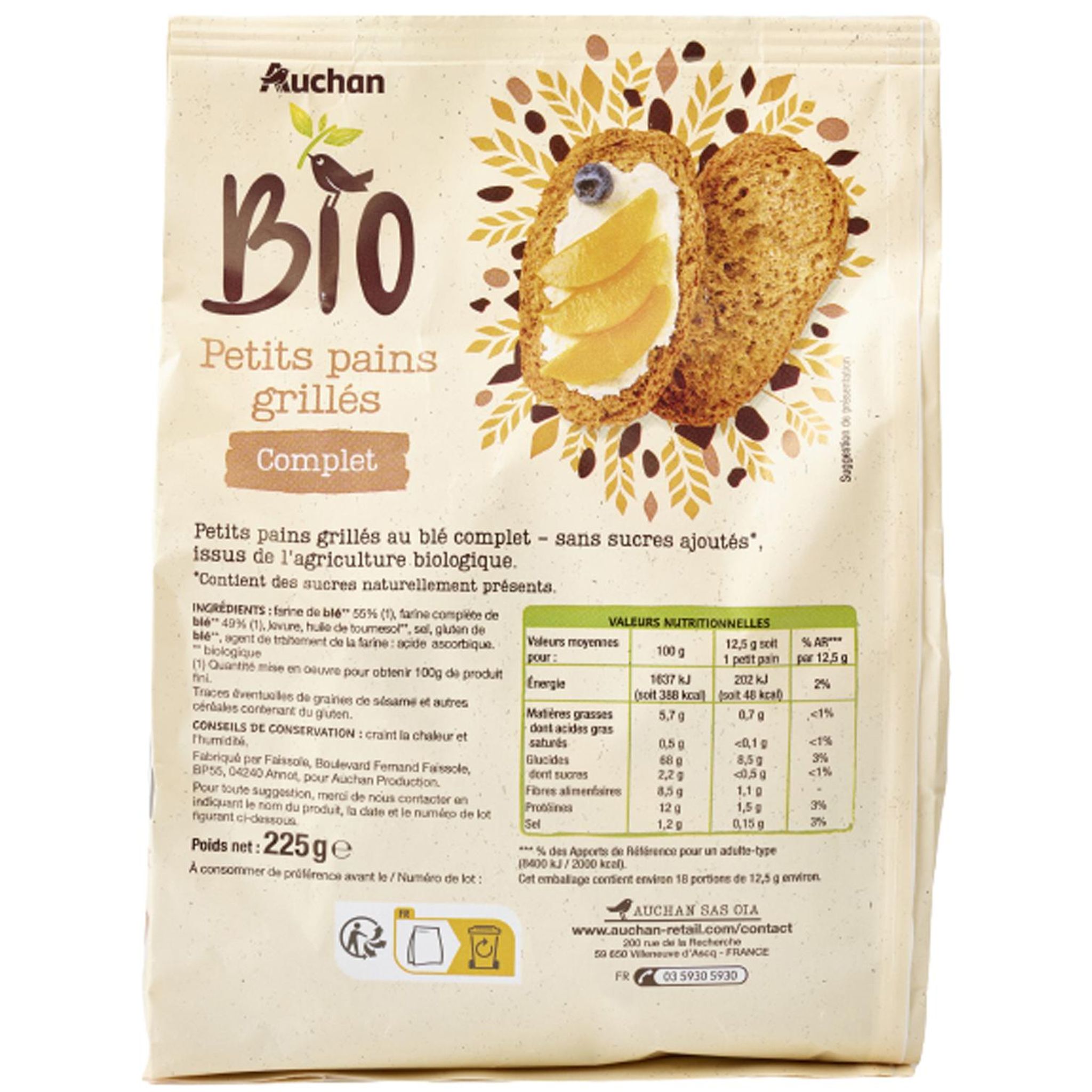 Voir la diapositive 2 : AUCHAN BIO Petits pains grillés complet environ 18 petits pains 225g