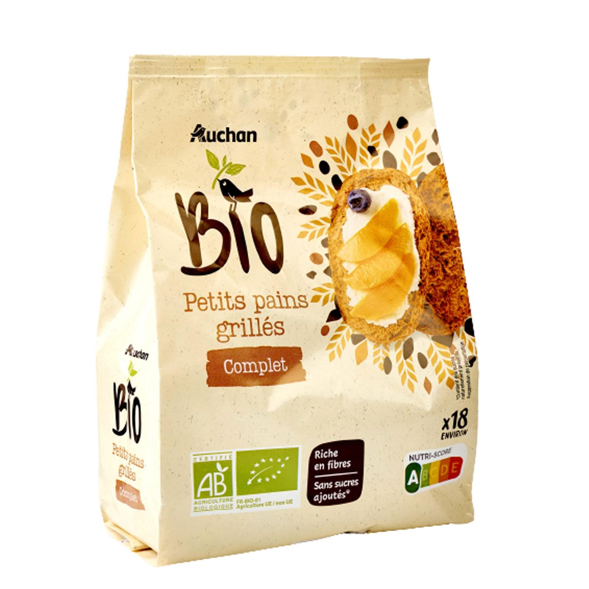 Voir la diapositive 3 : AUCHAN BIO Petits pains grillés complet environ 18 petits pains 225g
