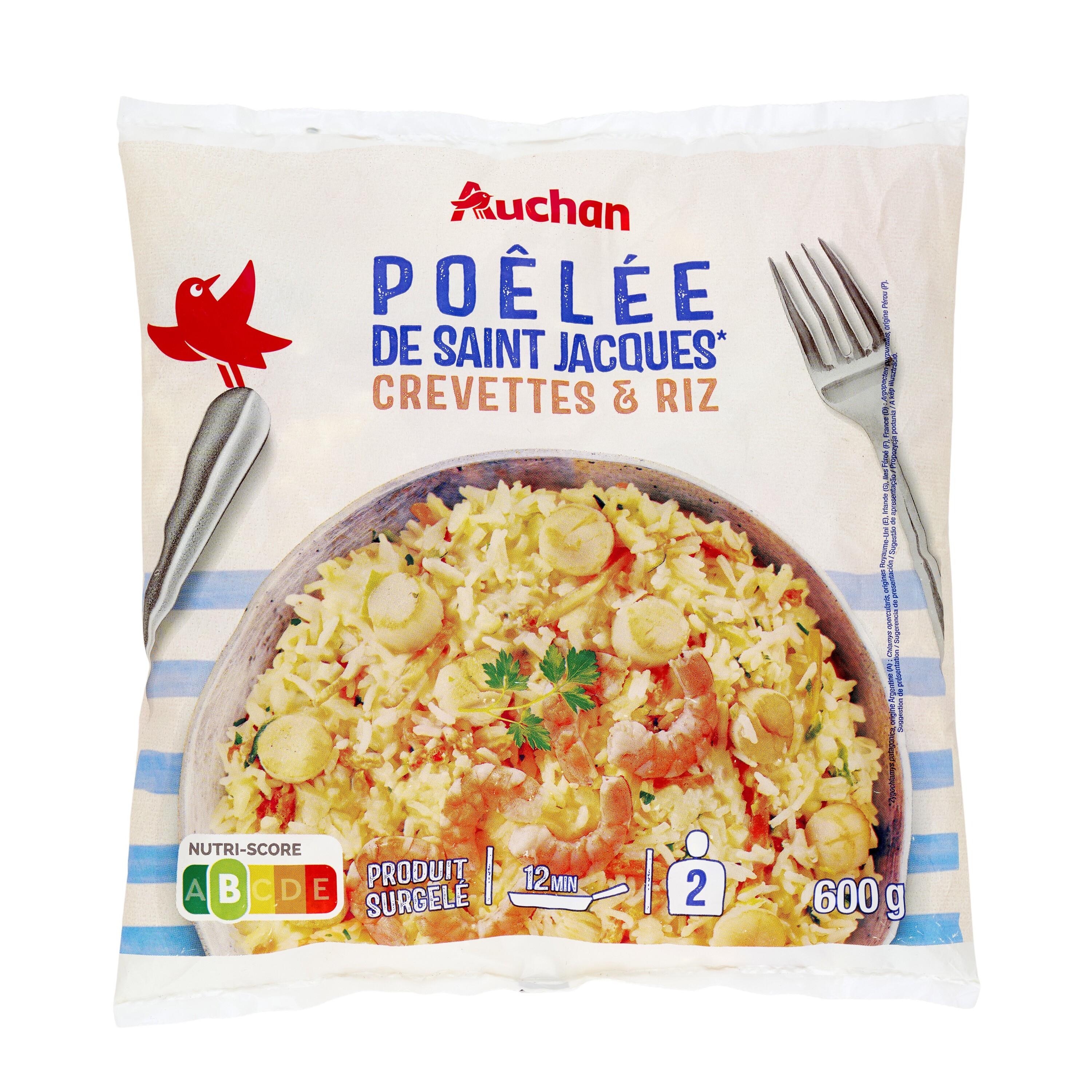 Voir la diapositive 2 : AUCHAN Poêlée de Saint-Jacques, crevettes et riz 2 portions 600g