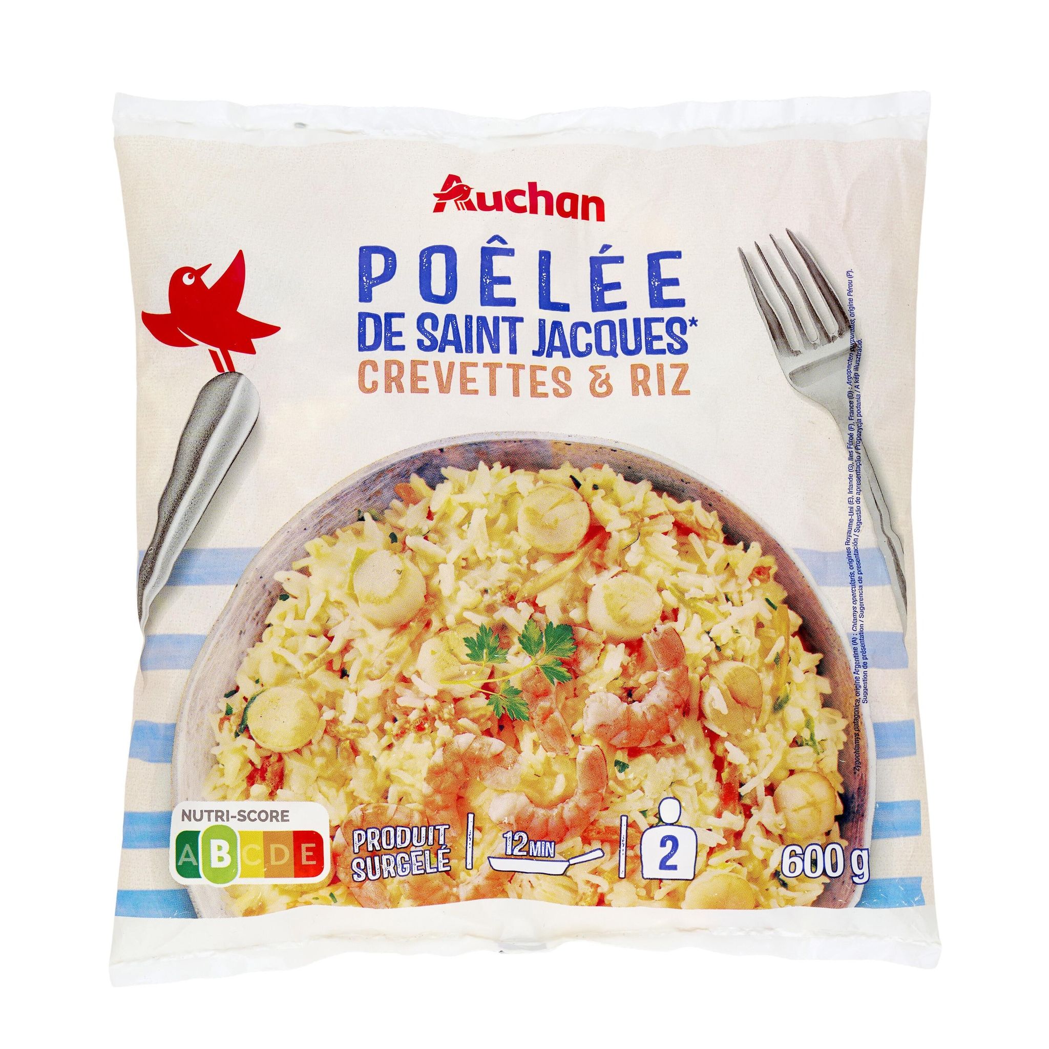 Voir la diapositive 2 : AUCHAN Poêlée de Saint-Jacques, crevettes et riz 2 portions 600g