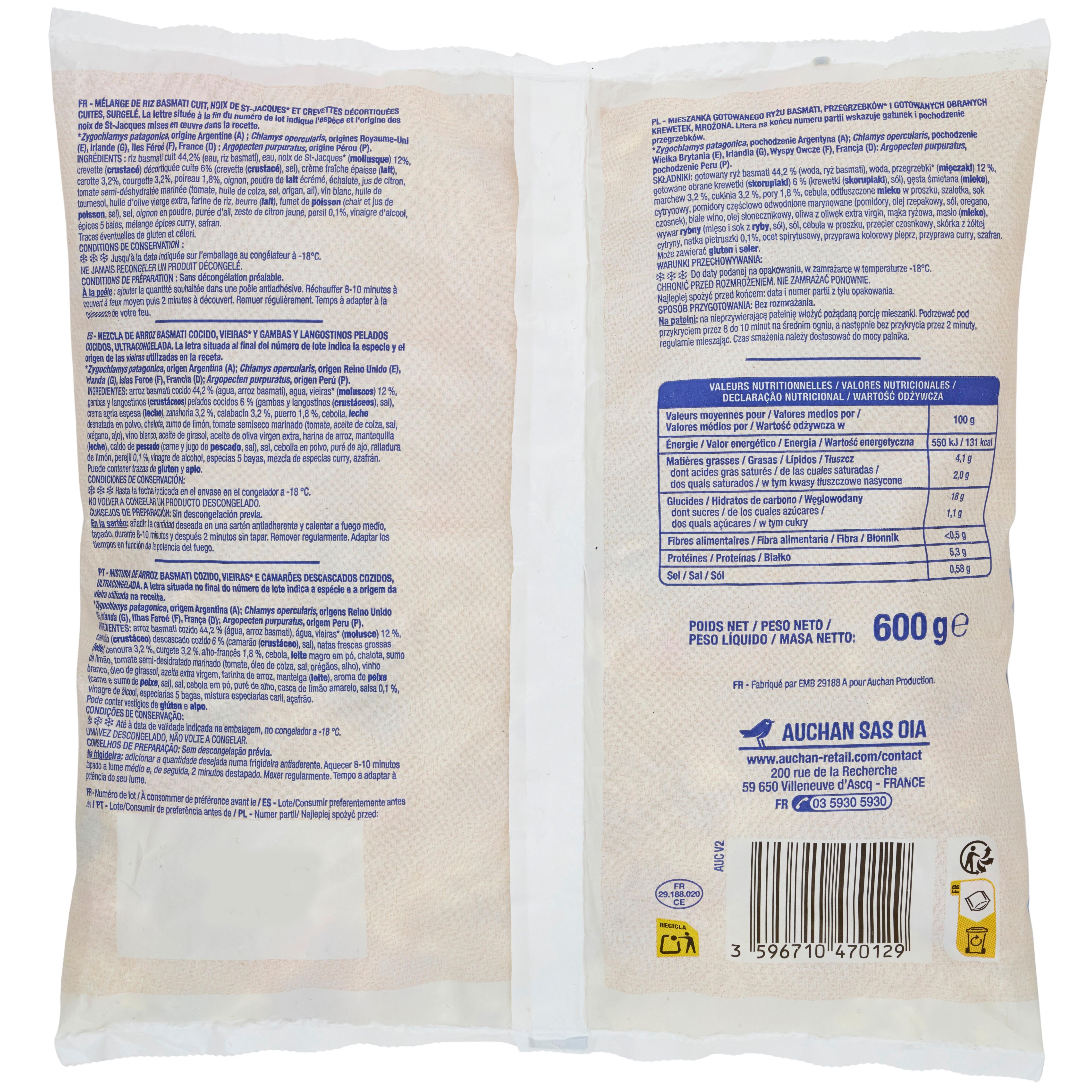 Voir la diapositive 4 : AUCHAN Poêlée de Saint-Jacques, crevettes et riz 2 portions 600g