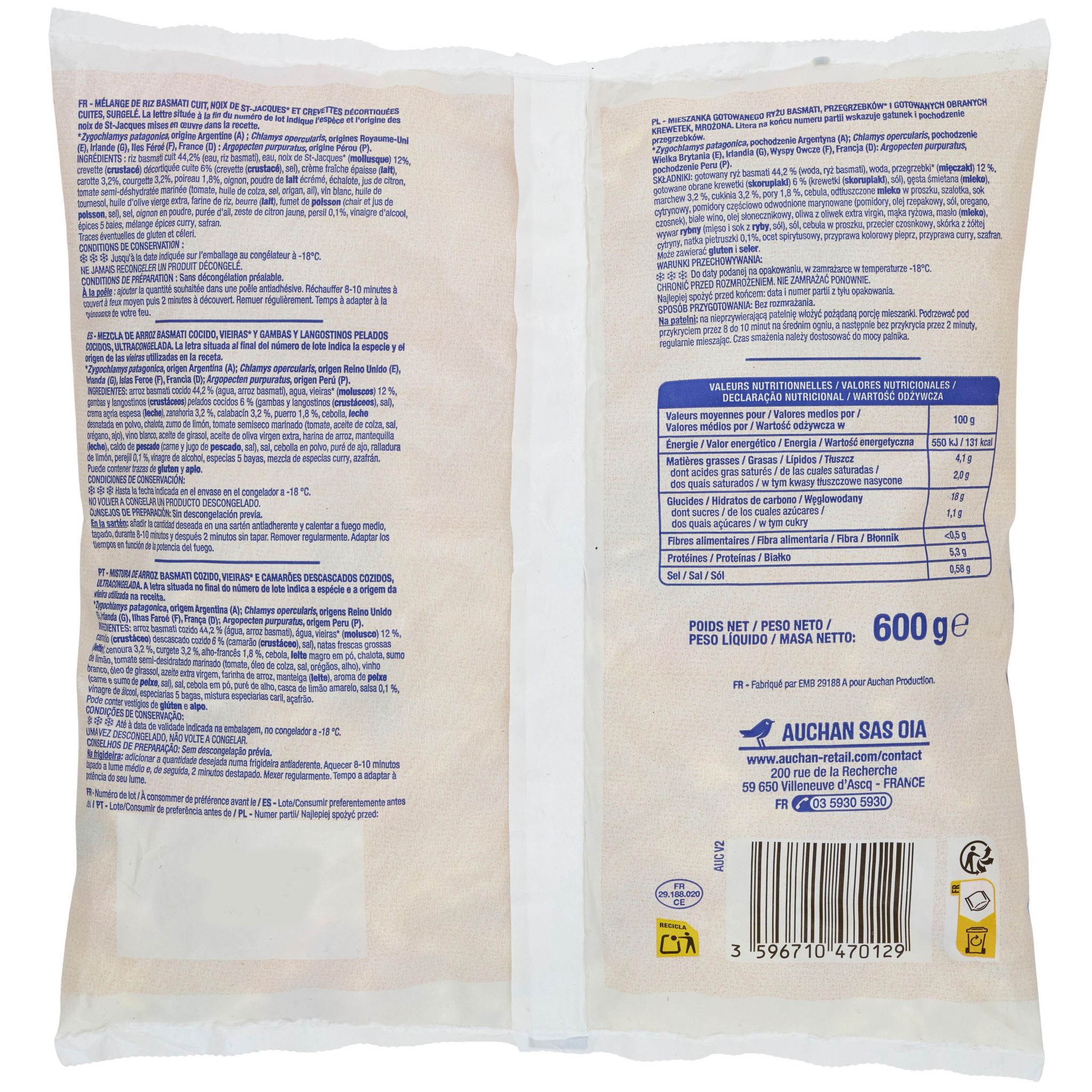 Voir la diapositive 4 : AUCHAN Poêlée de Saint-Jacques, crevettes et riz 2 portions 600g