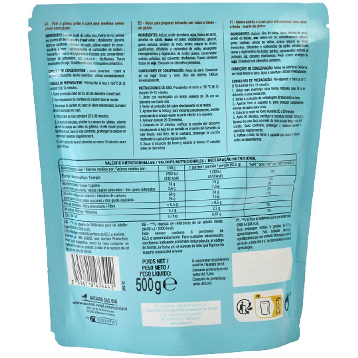 AUCHAN Préparation pour Moelleux saveur citron saveur citron sans gluten 500g