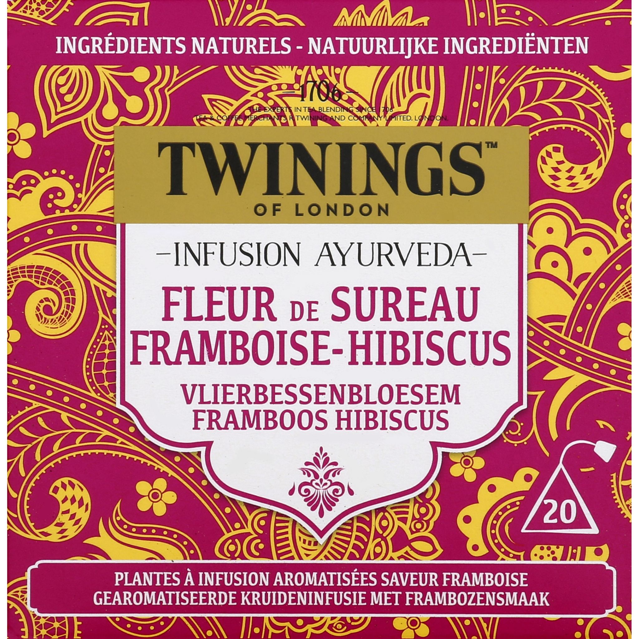 Voir la diapositive 2 : TWININGS Infusion ayurveda fleur de sureau framboise et hibiscus 20 sachets 36g