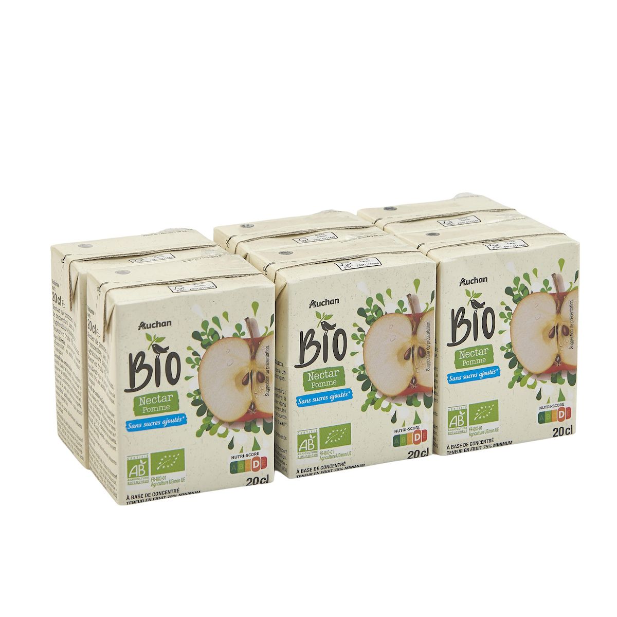 AUCHAN BIO Nectar de pomme sans sucres ajoutés 6x20cl