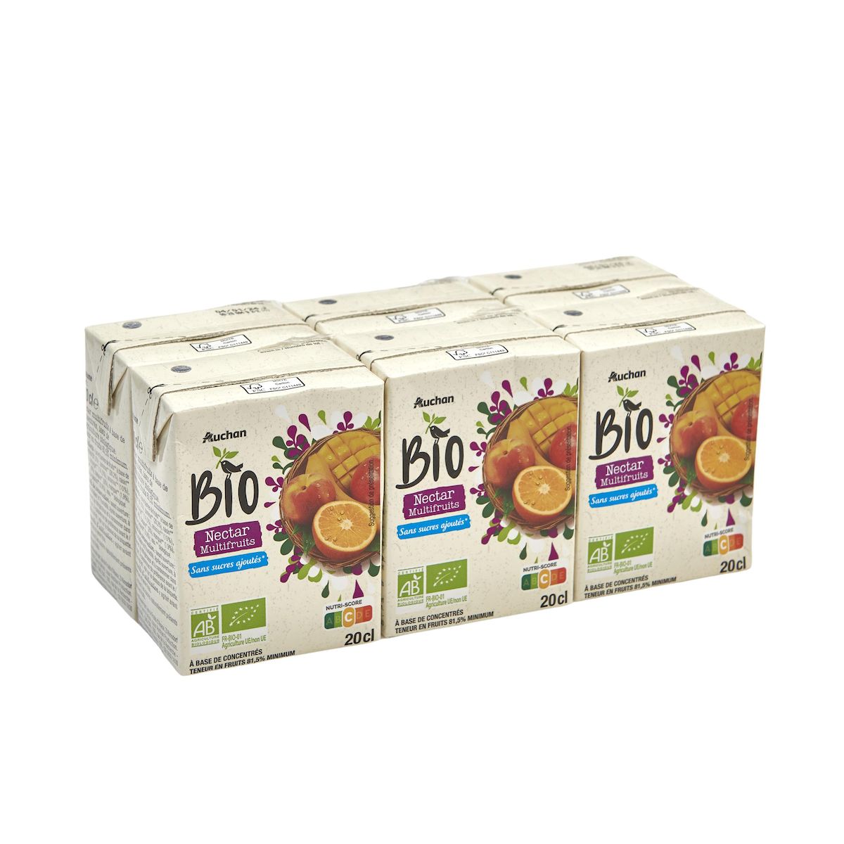 AUCHAN BIO Nectar multifruits sans sucre ajouté briquettes 6x20cl
