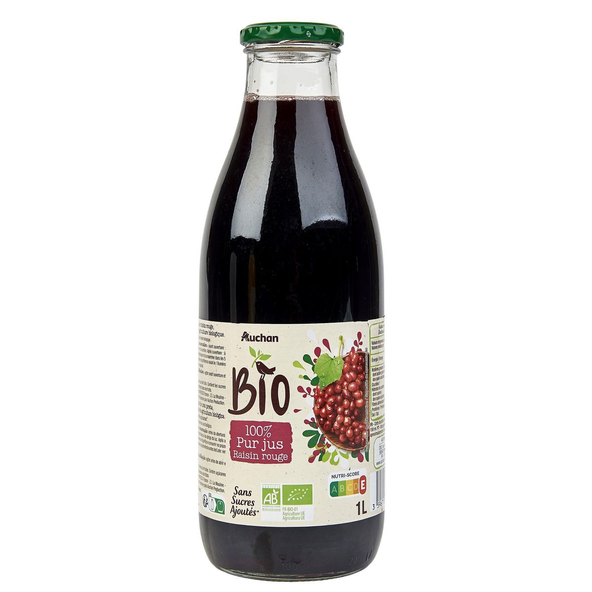 AUCHAN BIO Pur jus de raisin bouteille verre 1l