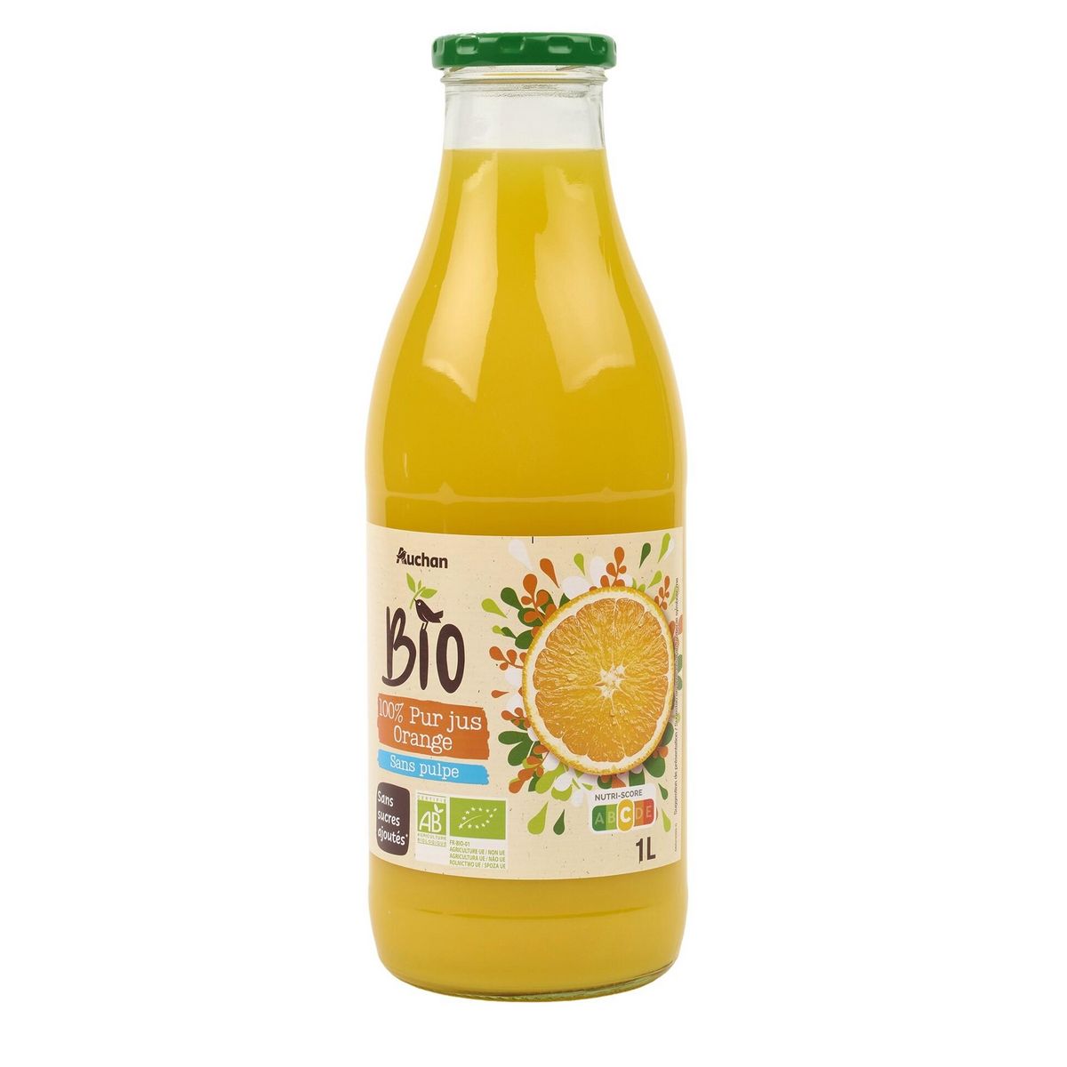 AUCHAN BIO Pur jus d'orange bouteille verre 1l