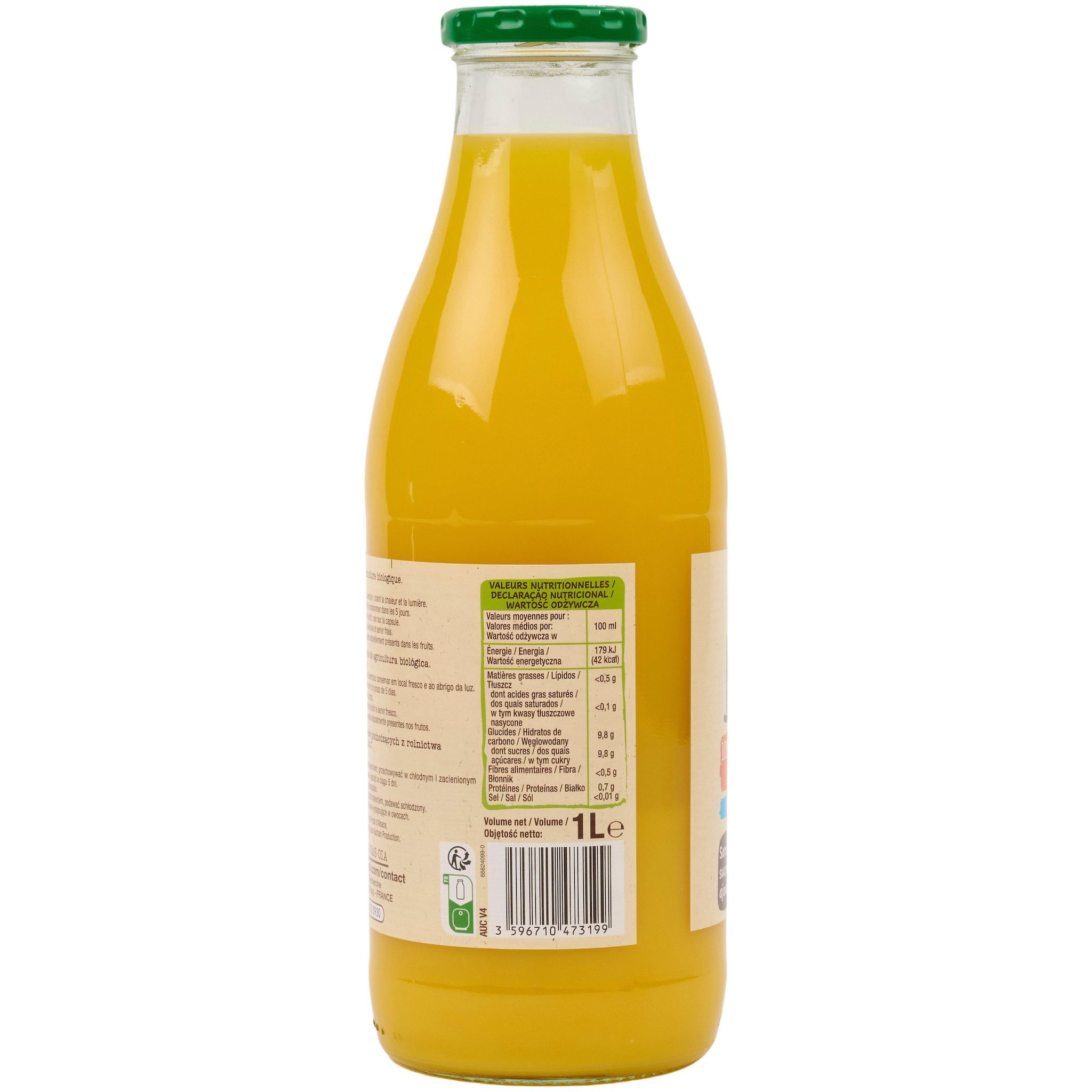 Voir la diapositive 2 : AUCHAN BIO Pur jus d'orange bouteille verre 1l