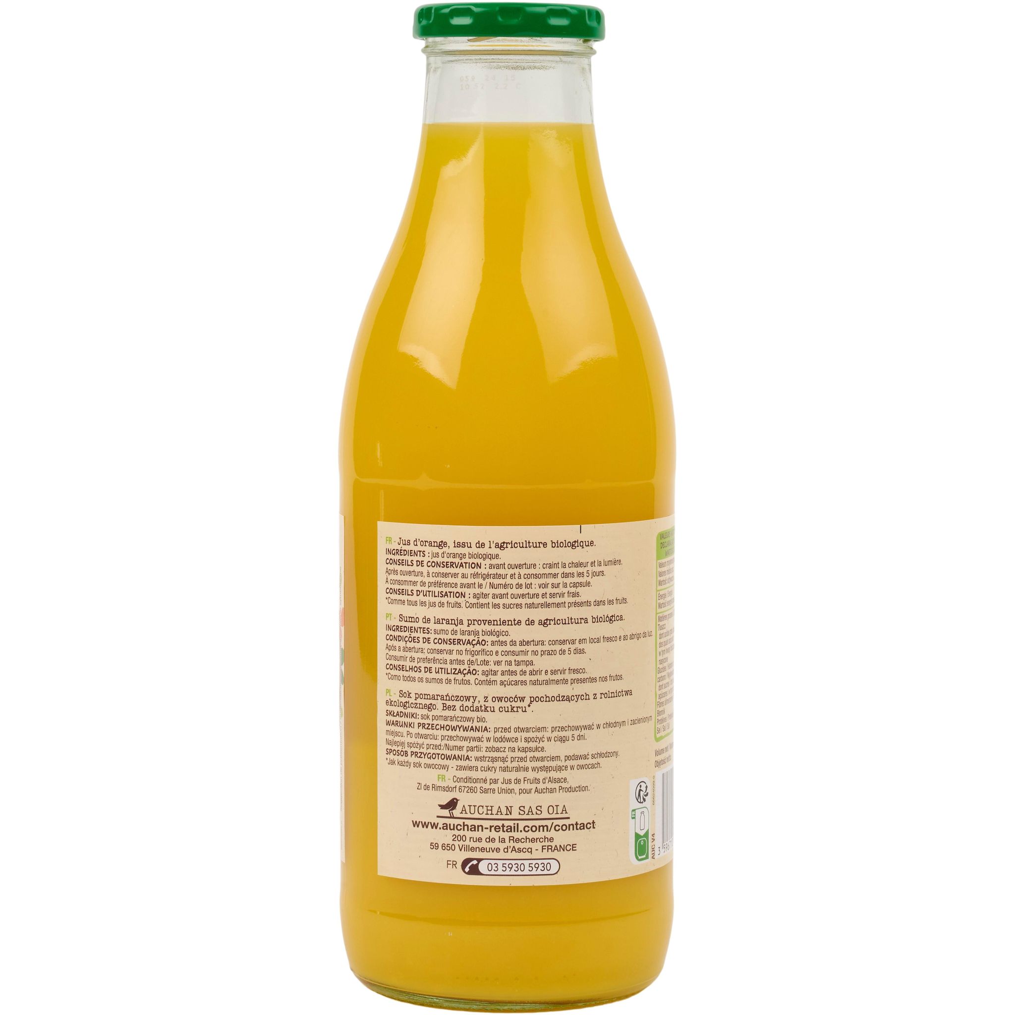 Voir la diapositive 3 : AUCHAN BIO Pur jus d'orange bouteille verre 1l