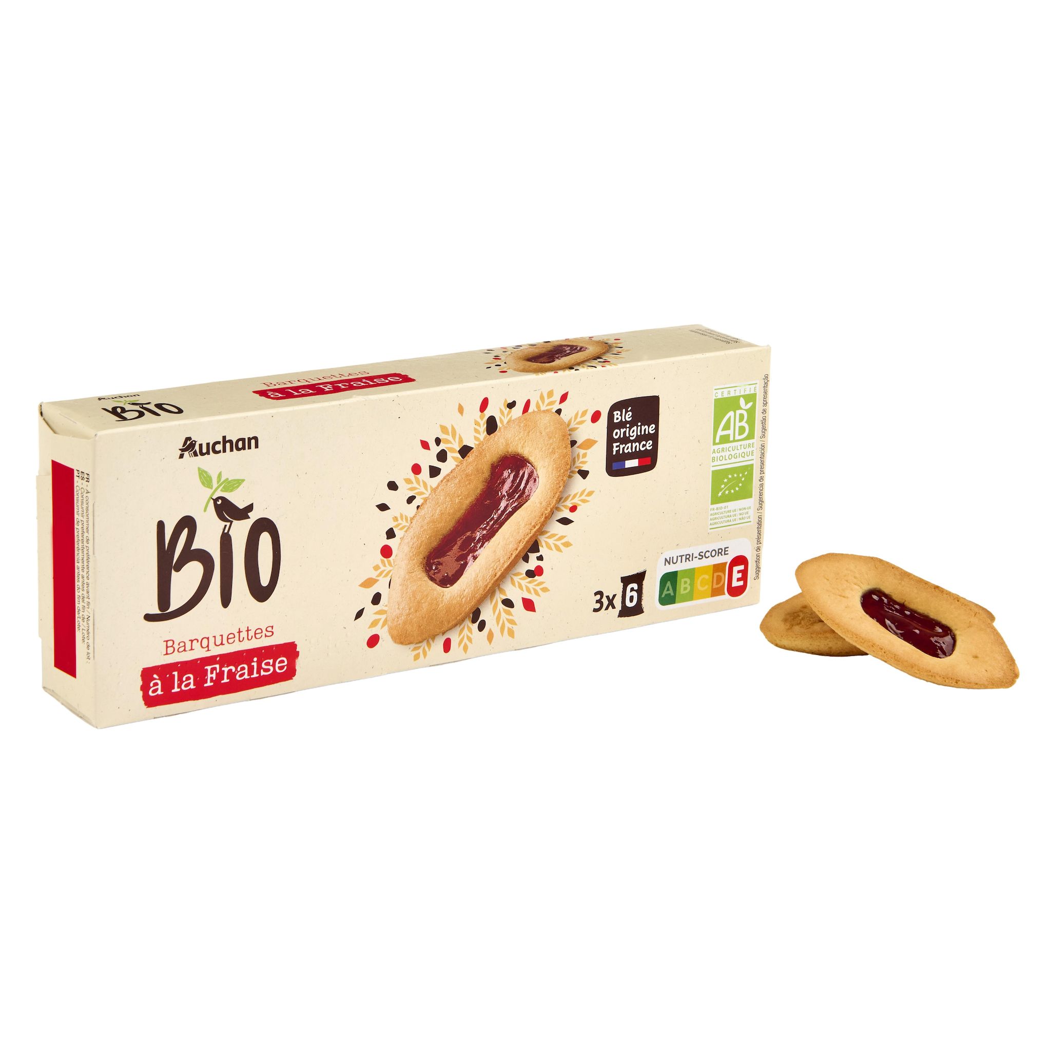 Voir la diapositive 2 : AUCHAN BIO Barquettes à la fraise 3x6 biscuits 120g