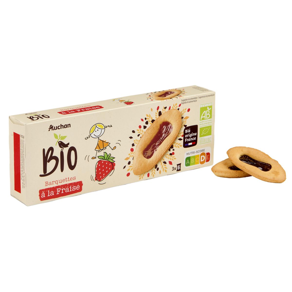 AUCHAN BIO Barquettes à la fraise 3x6 biscuits 120g