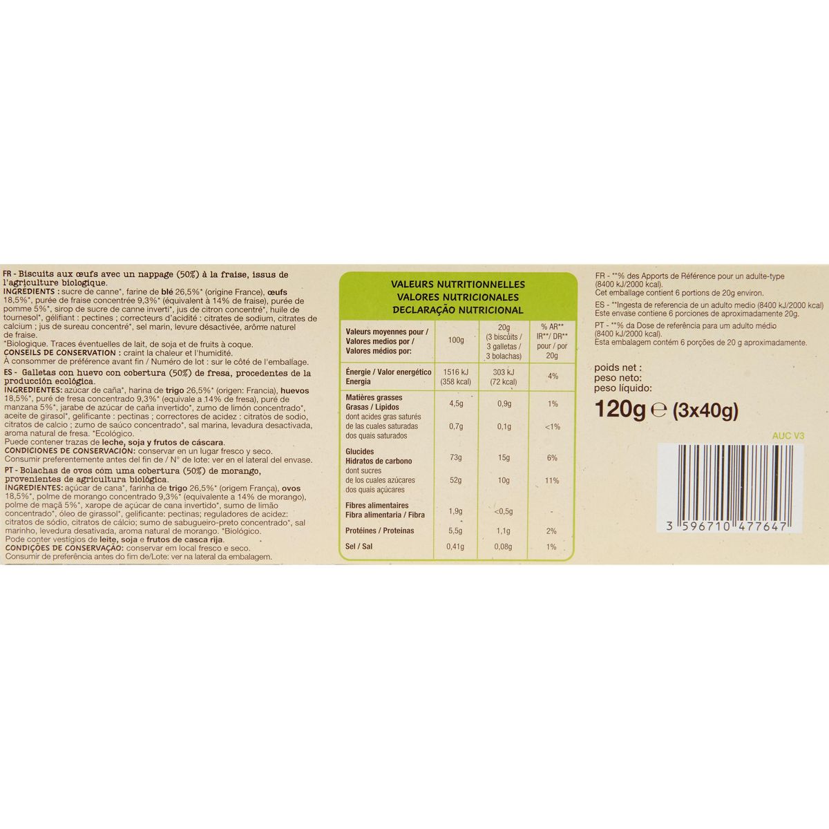 AUCHAN BIO Barquettes à la fraise 3x6 biscuits 120g