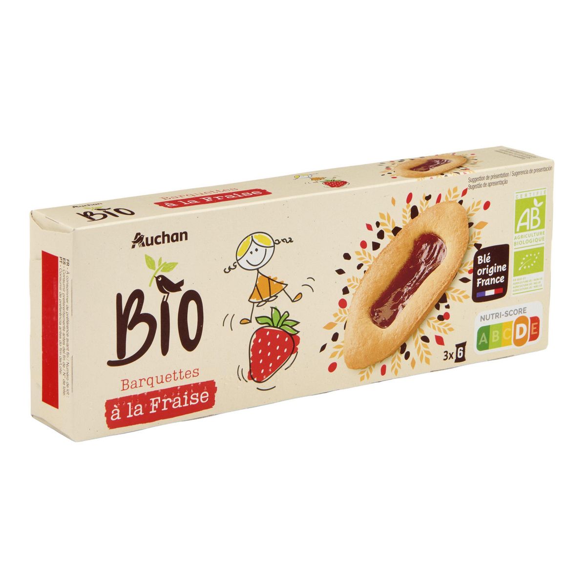 AUCHAN BIO Barquettes à la fraise 3x6 biscuits 120g