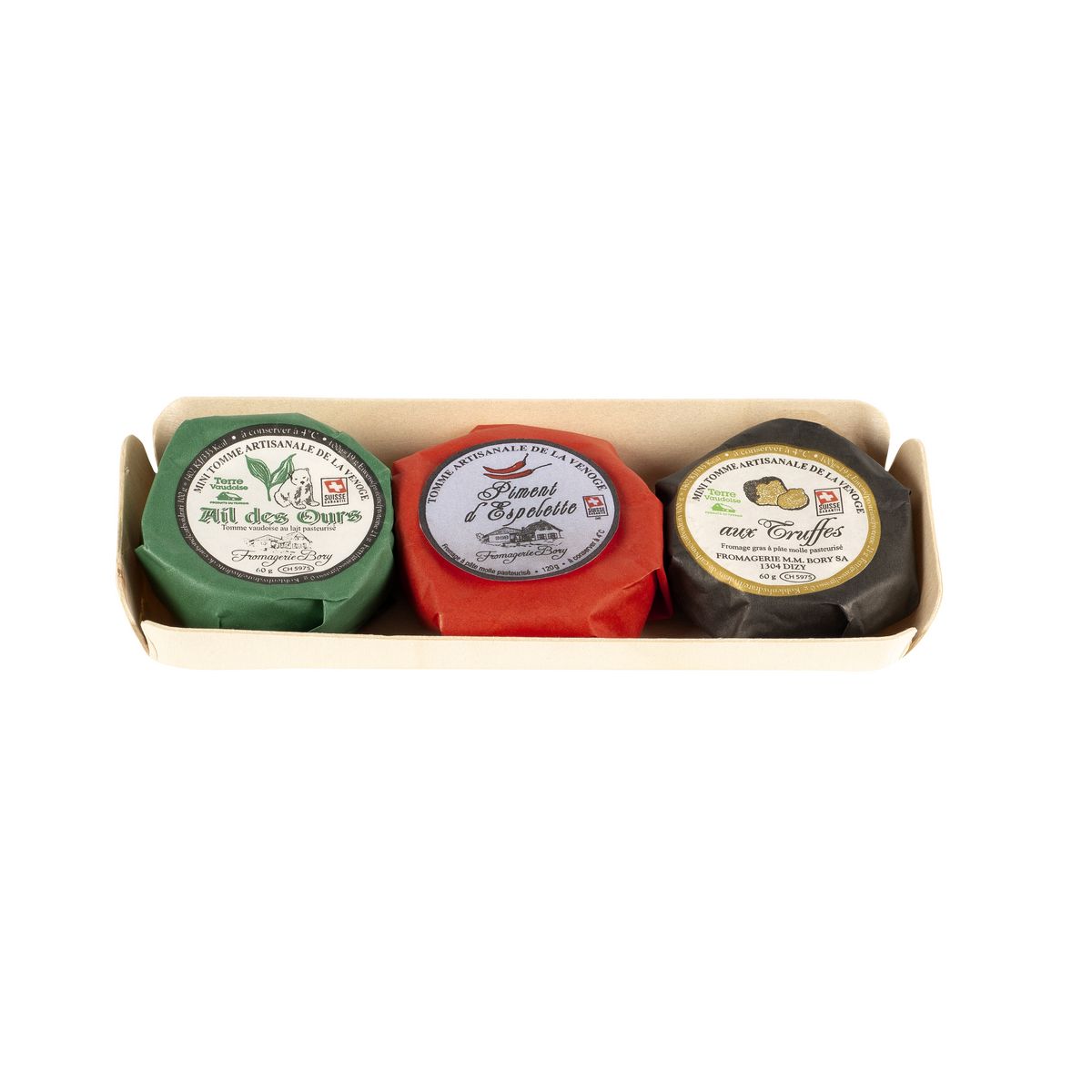 Trio mini fromage Tomme Suisse truffes aïl des ours et piment d'espelette 3 mini fromages 180g